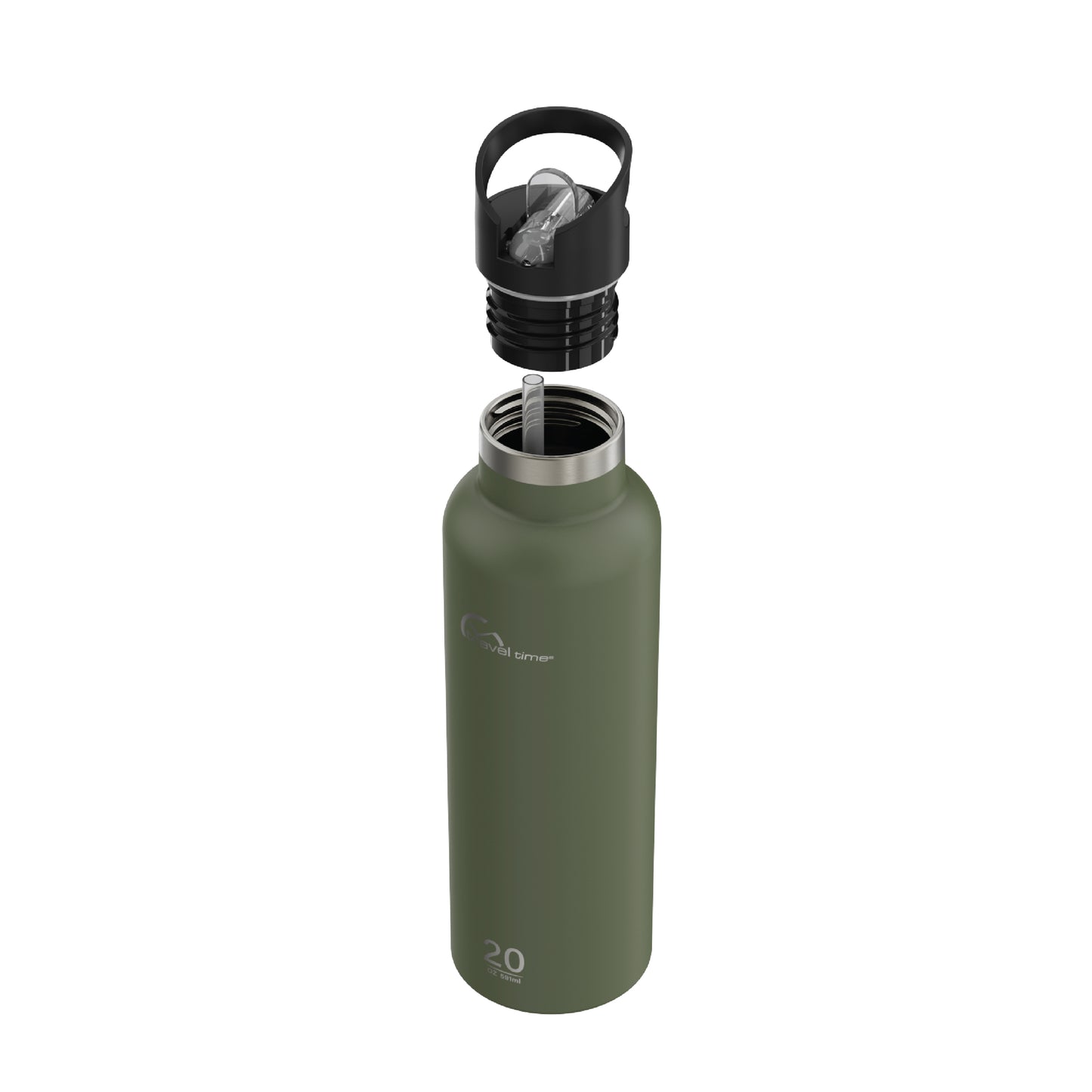 Side view of the 20oz Stainless Steel Water Bottle with Flip Straw in forest green displayed at an angle and against a white background. The water bottle's lid has been opened.