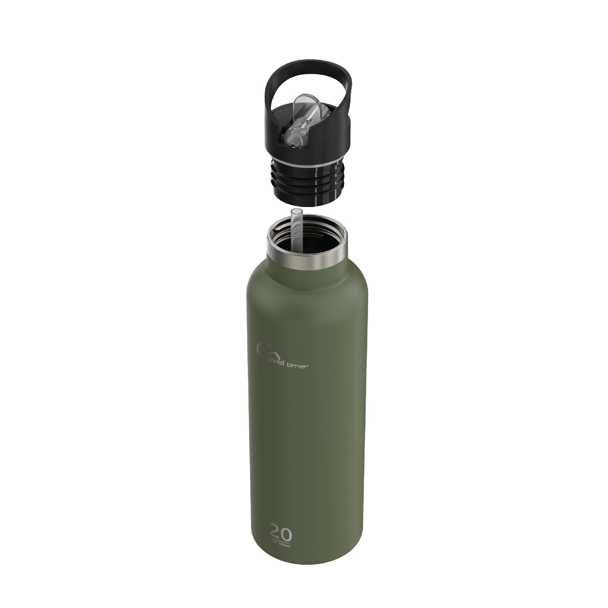 Side view of the 20oz Stainless Steel Water Bottle with Flip Straw in forest green displayed at an angle and against a white background. The water bottle's lid has been opened.