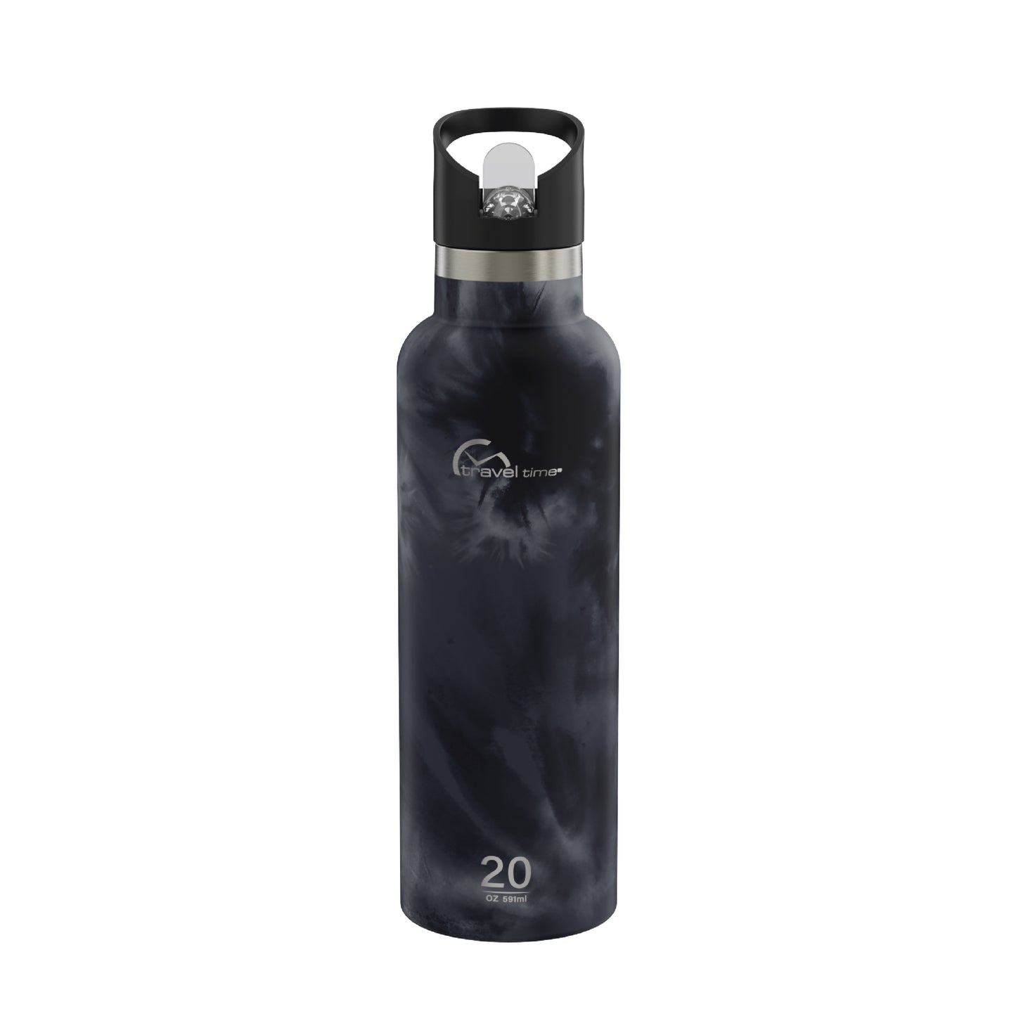 The 20oz Stainless Steel Water Bottle with Flip Straw in ink tie dye displayed against a white background.