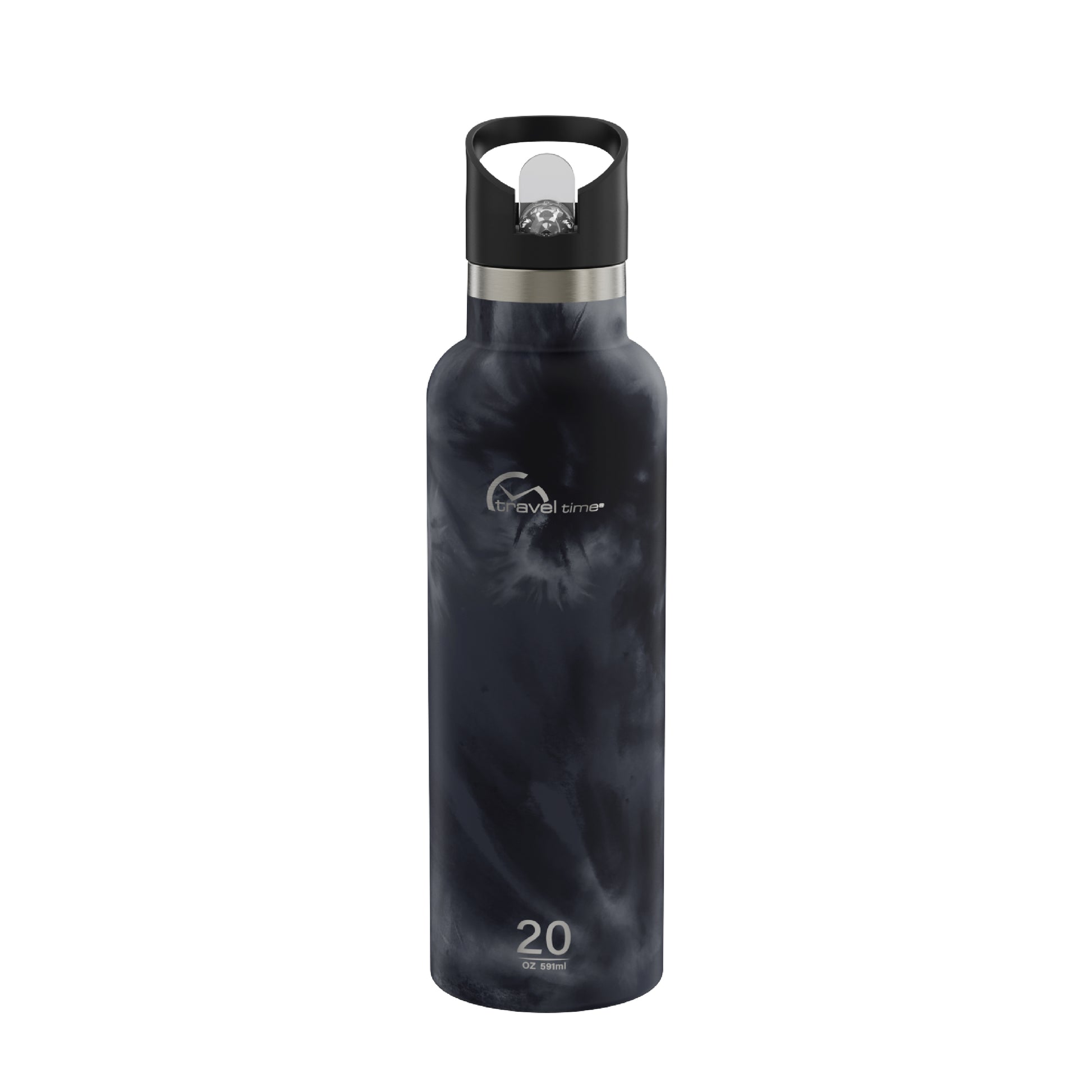 The 20oz Stainless Steel Water Bottle with Flip Straw in ink tie dye displayed against a white background.