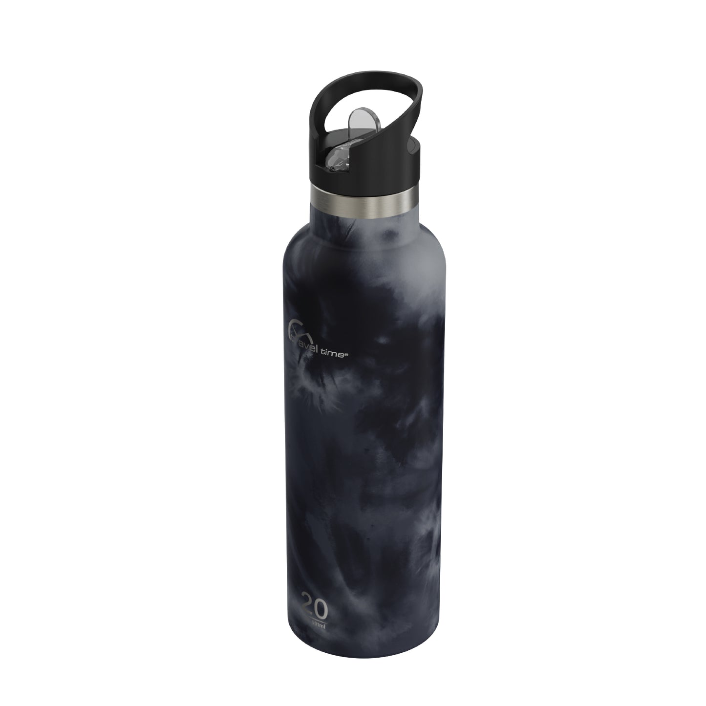 Side view of the 20oz Stainless Steel Water Bottle with Flip Straw in ink tie dye displayed at an angle and against a white background.