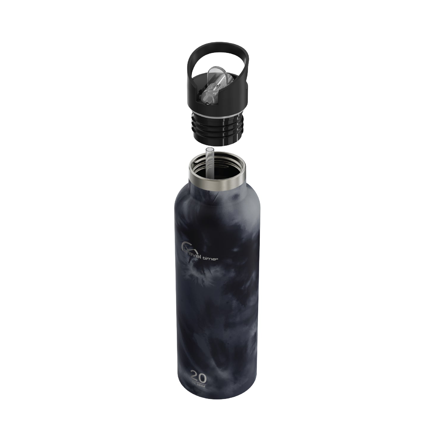 Side view of the 20oz Stainless Steel Water Bottle with Flip Straw in ink tie dye displayed at an angle and against a white background. The water bottle's lid has been opened.