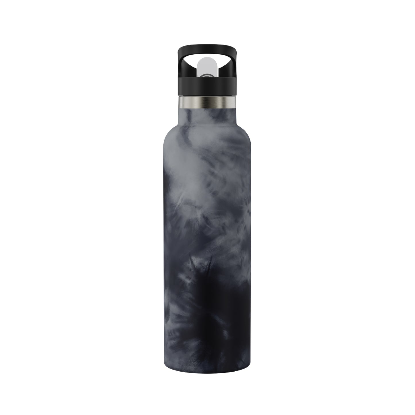 View of the backside of the 20oz Stainless Steel Water Bottle with Flip Straw in ink tie dye displayed against a white background.