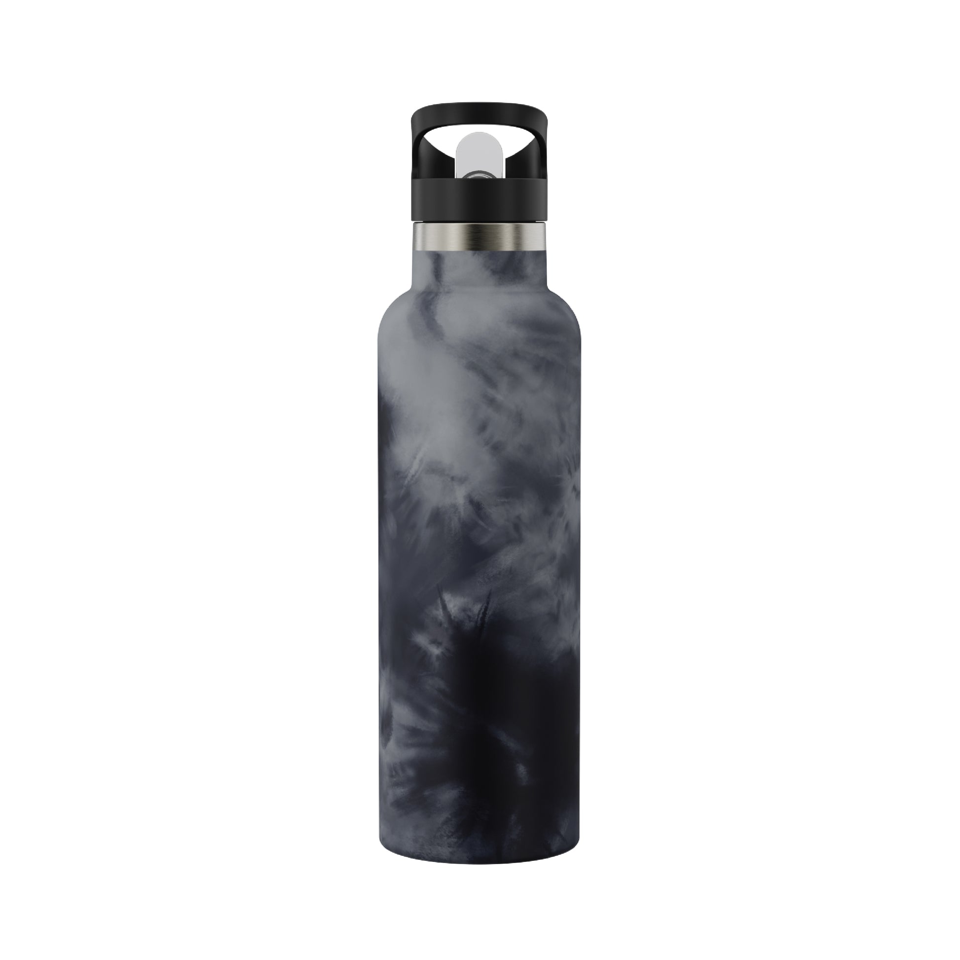 View of the backside of the 20oz Stainless Steel Water Bottle with Flip Straw in ink tie dye displayed against a white background.