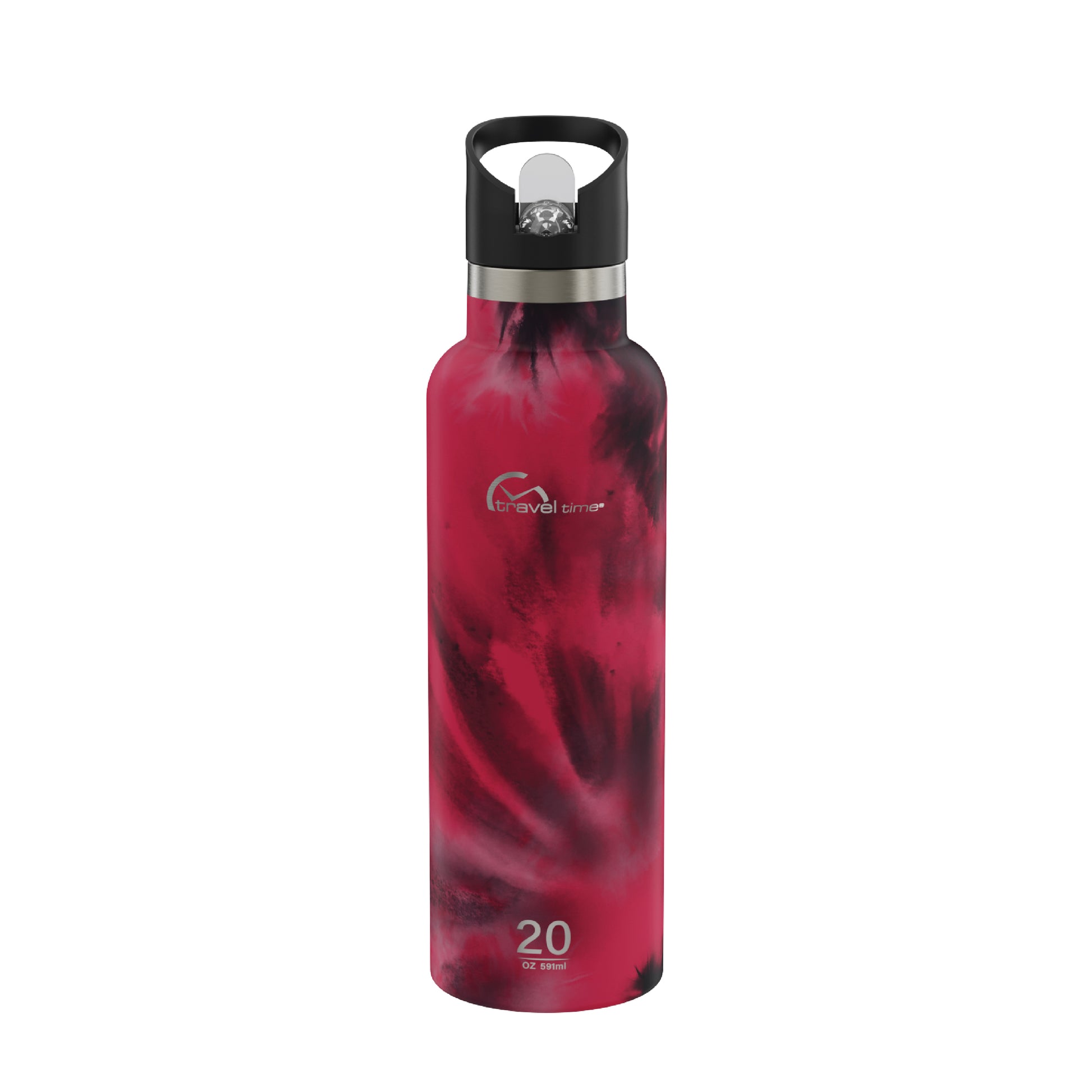 The 20oz Stainless Steel Water Bottle with Flip Straw in magenta tie dye displayed against a white background.