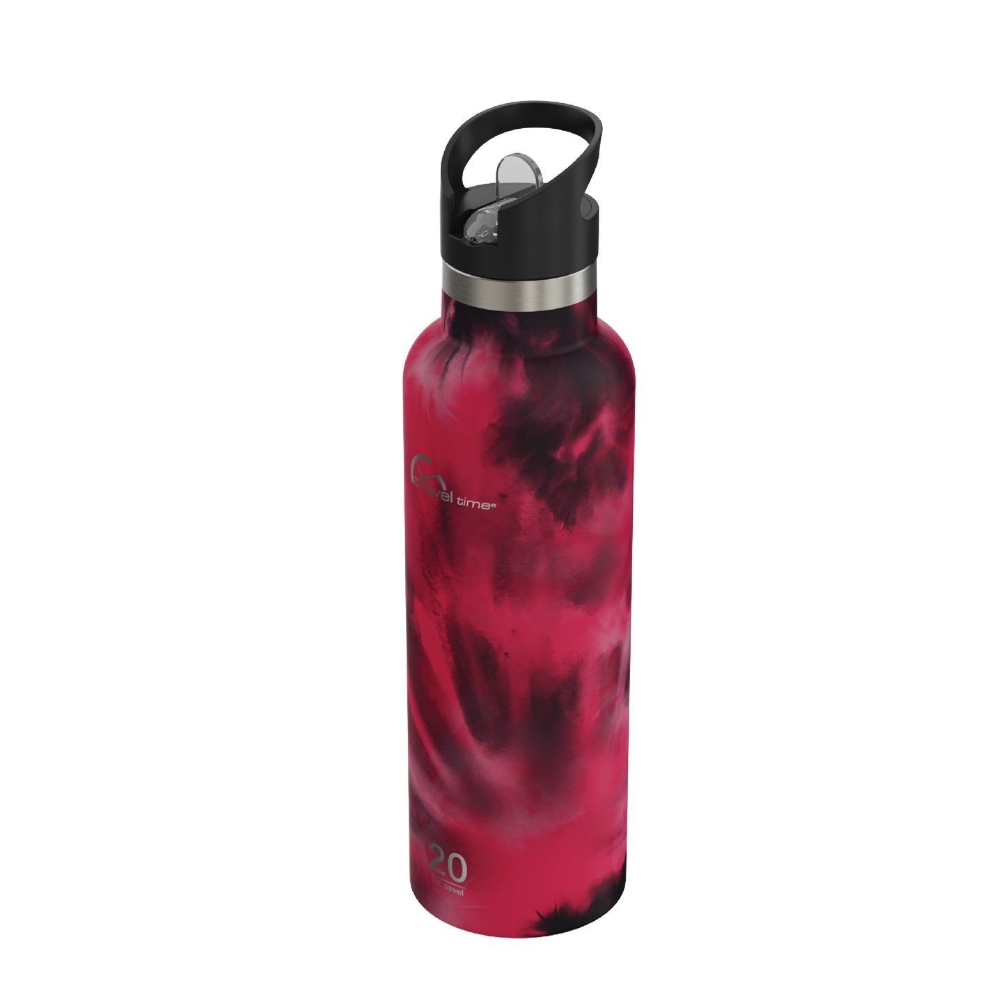 Side view of the 20oz Stainless Steel Water Bottle with Flip Straw in magenta tie dye displayed at an angle and against a white background.