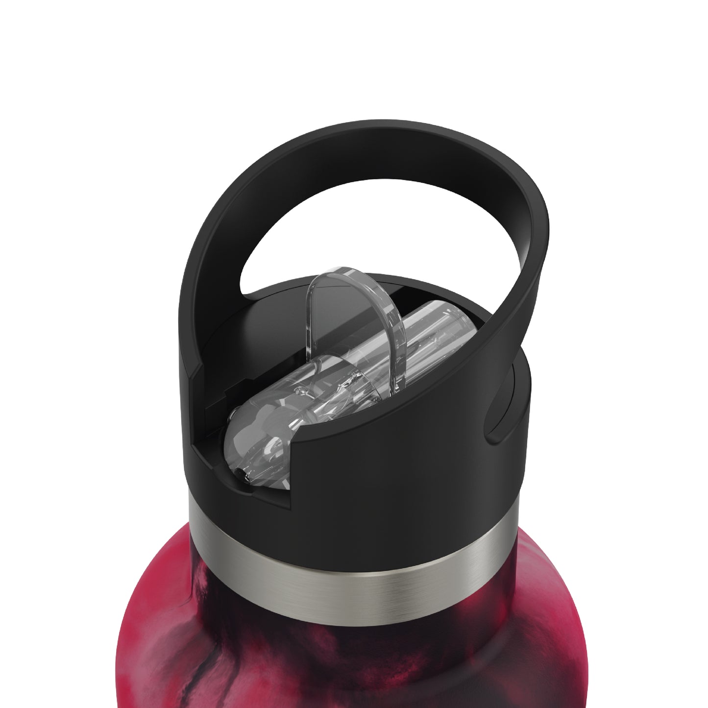 Close-up of the closed straw of the 20oz Stainless Steel Water Bottle with Flip Straw in magenta tie dye displayed against a white background.