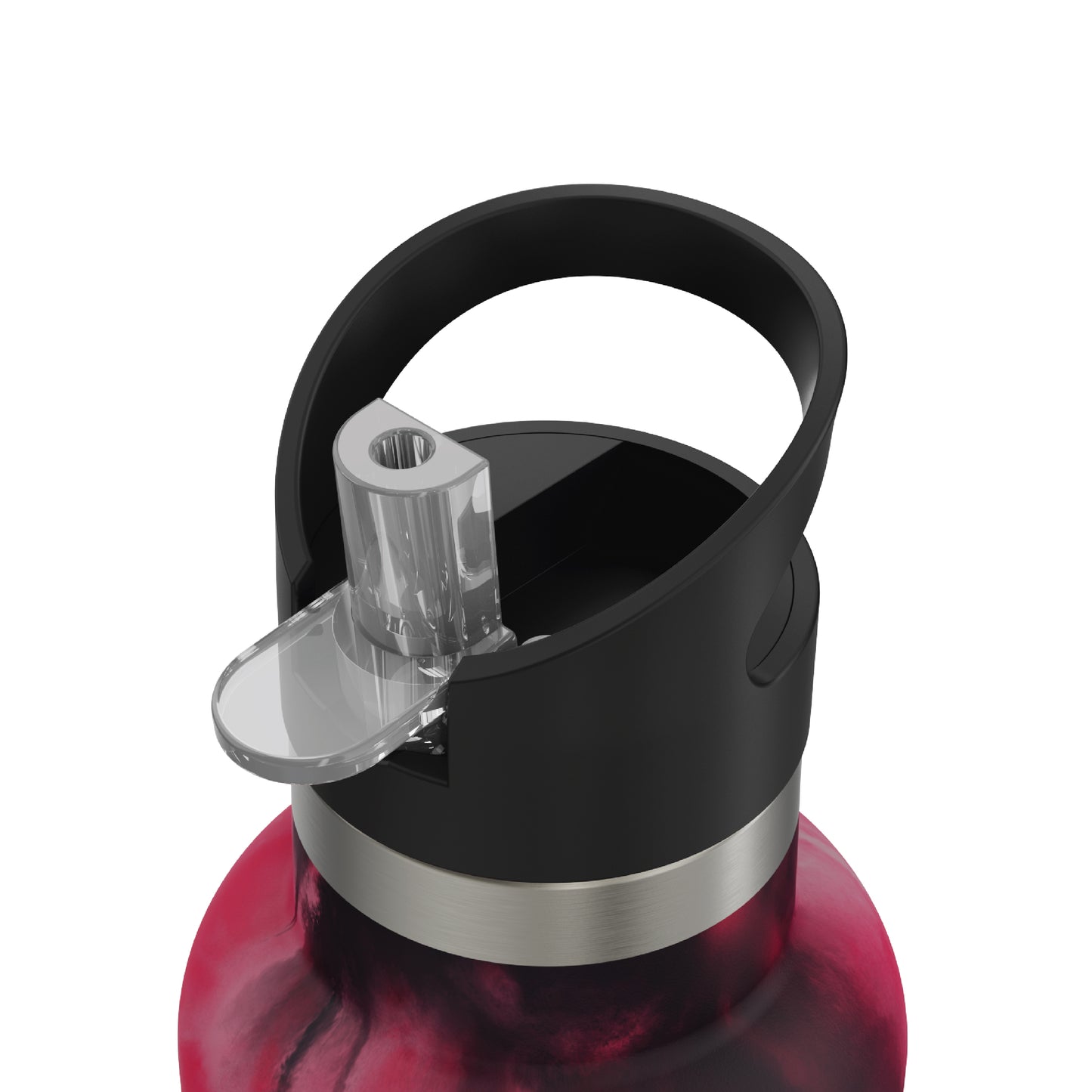 Close-up of the opened straw of the 20oz Stainless Steel Water Bottle with Flip Straw in magenta tie dye displayed against a white background.