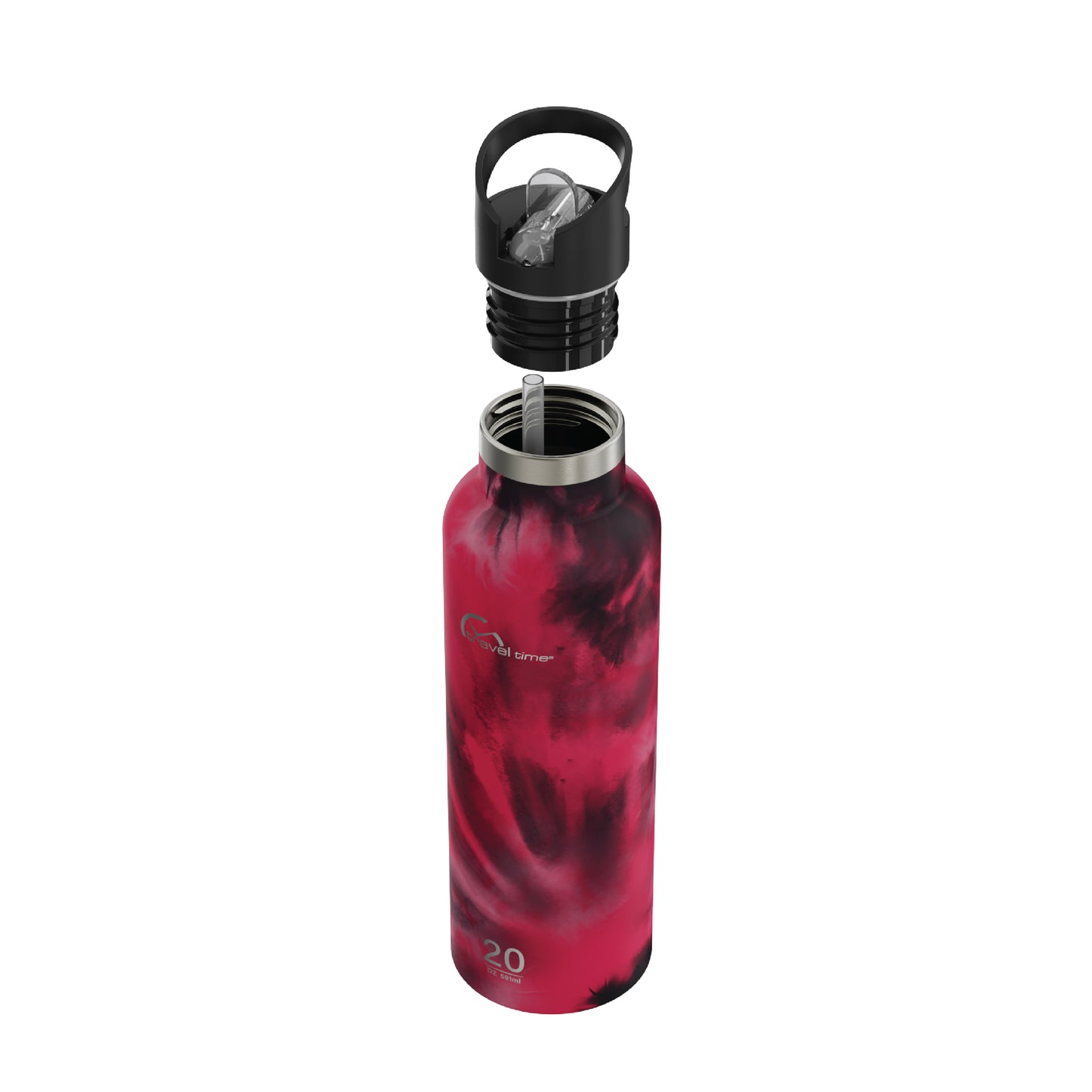 Side view of the 20oz Stainless Steel Water Bottle with Flip Straw in magenta tie dye displayed at an angle and against a white background. The water bottle's lid has been opened.