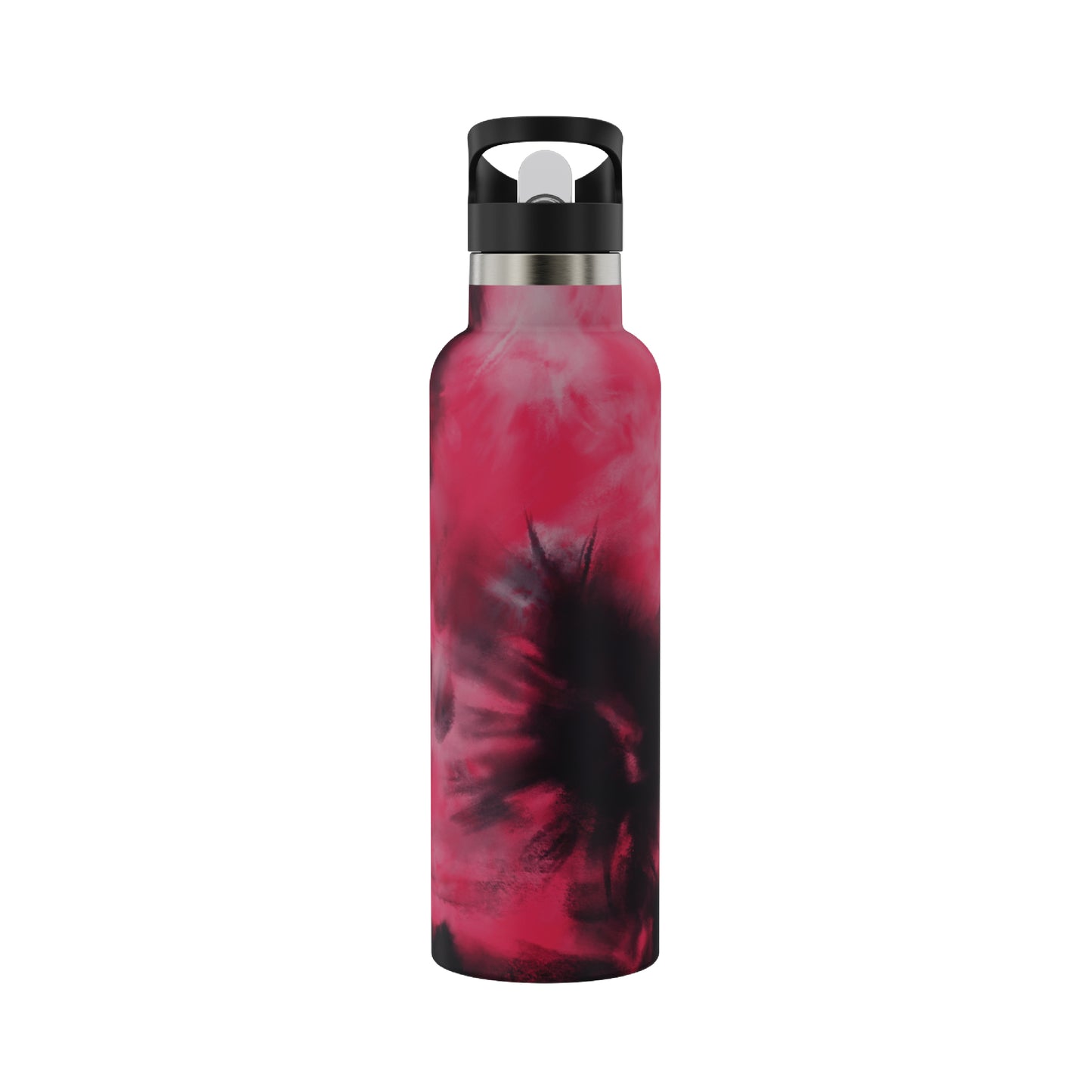 View of the backside of the 20oz Stainless Steel Water Bottle with Flip Straw in magenta tie dye displayed against a white background.
