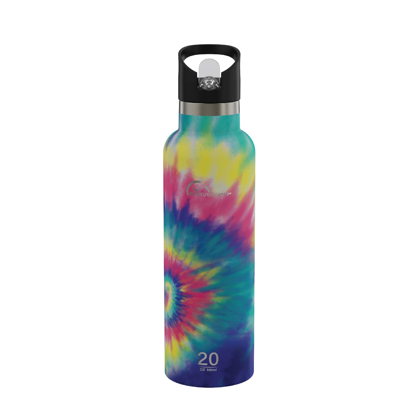 The 20oz Stainless Steel Water Bottle with Flip Straw in multicolor tie dye displayed against a white background.
