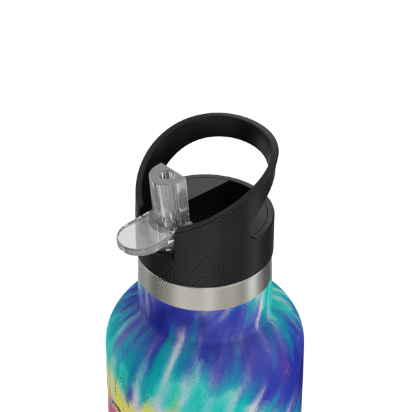 The 20oz Stainless Steel Water Bottle with Flip Straw with its lid opening to showcase how the component twists off. This gif is displayed against a white background.