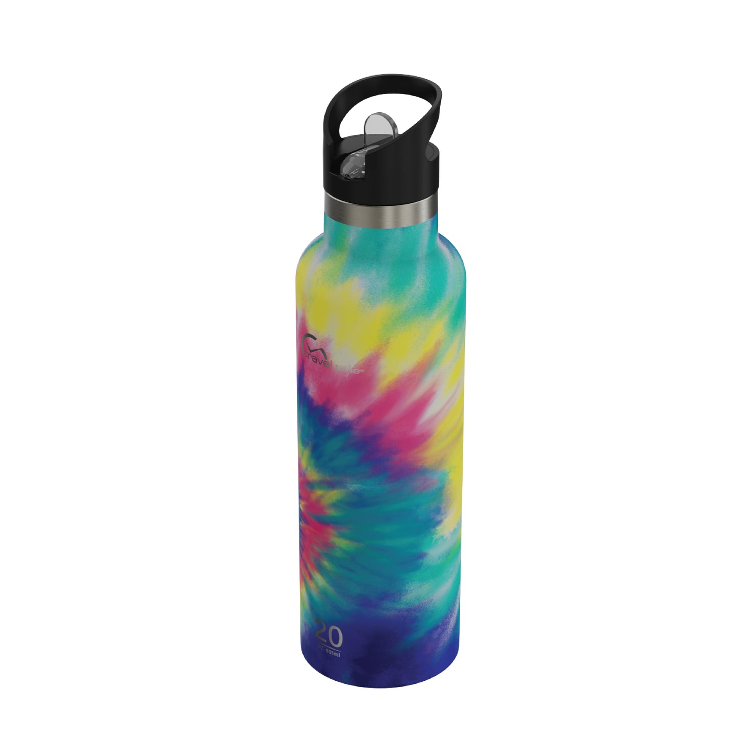 Side view of the 20oz Stainless Steel Water Bottle with Flip Straw in multicolor tie dye displayed at an angle and against a white background.