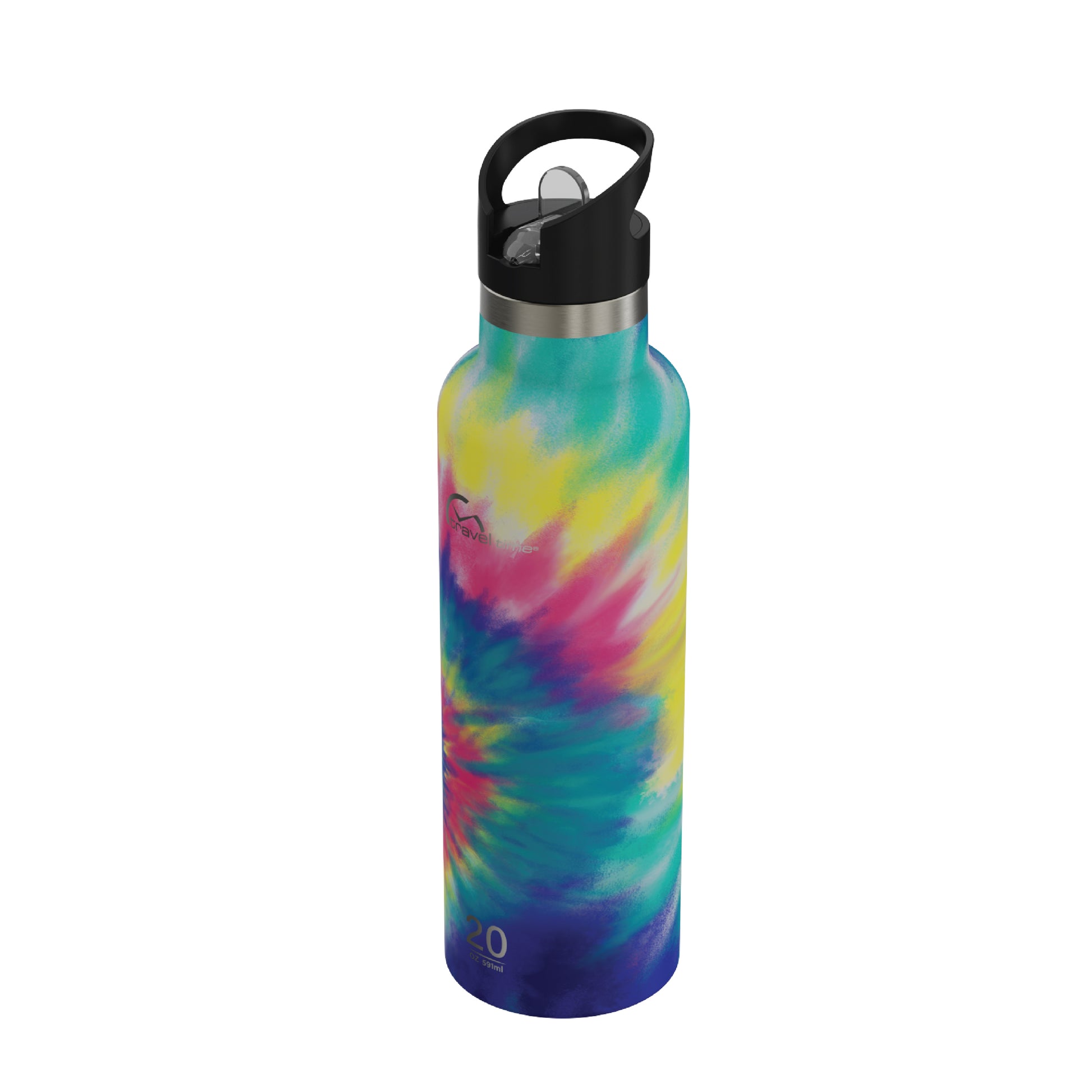 Side view of the 20oz Stainless Steel Water Bottle with Flip Straw in multicolor tie dye displayed at an angle and against a white background.