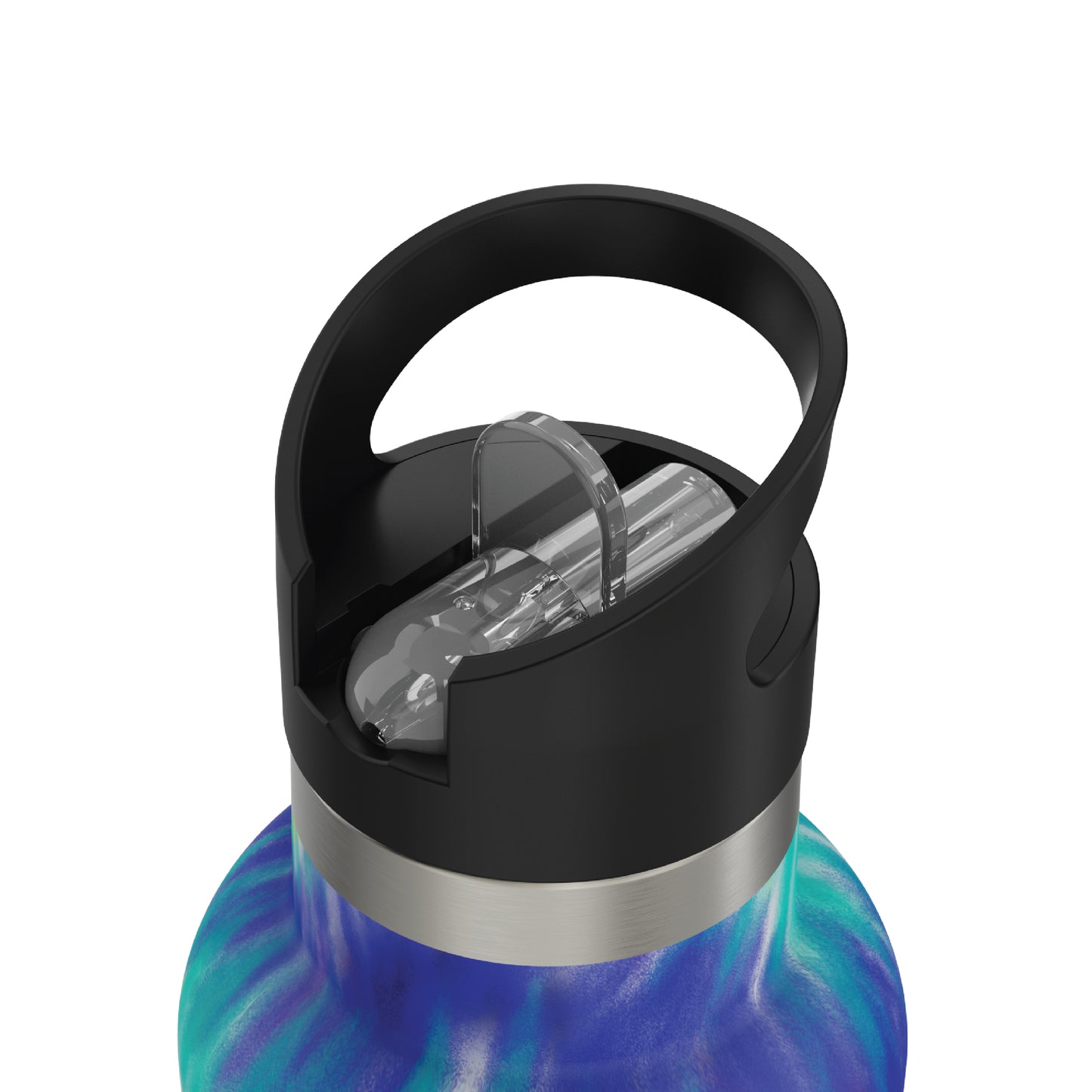 Close-up of the closed straw of the 20oz Stainless Steel Water Bottle with Flip Straw in multicolor tie dye displayed against a white background.