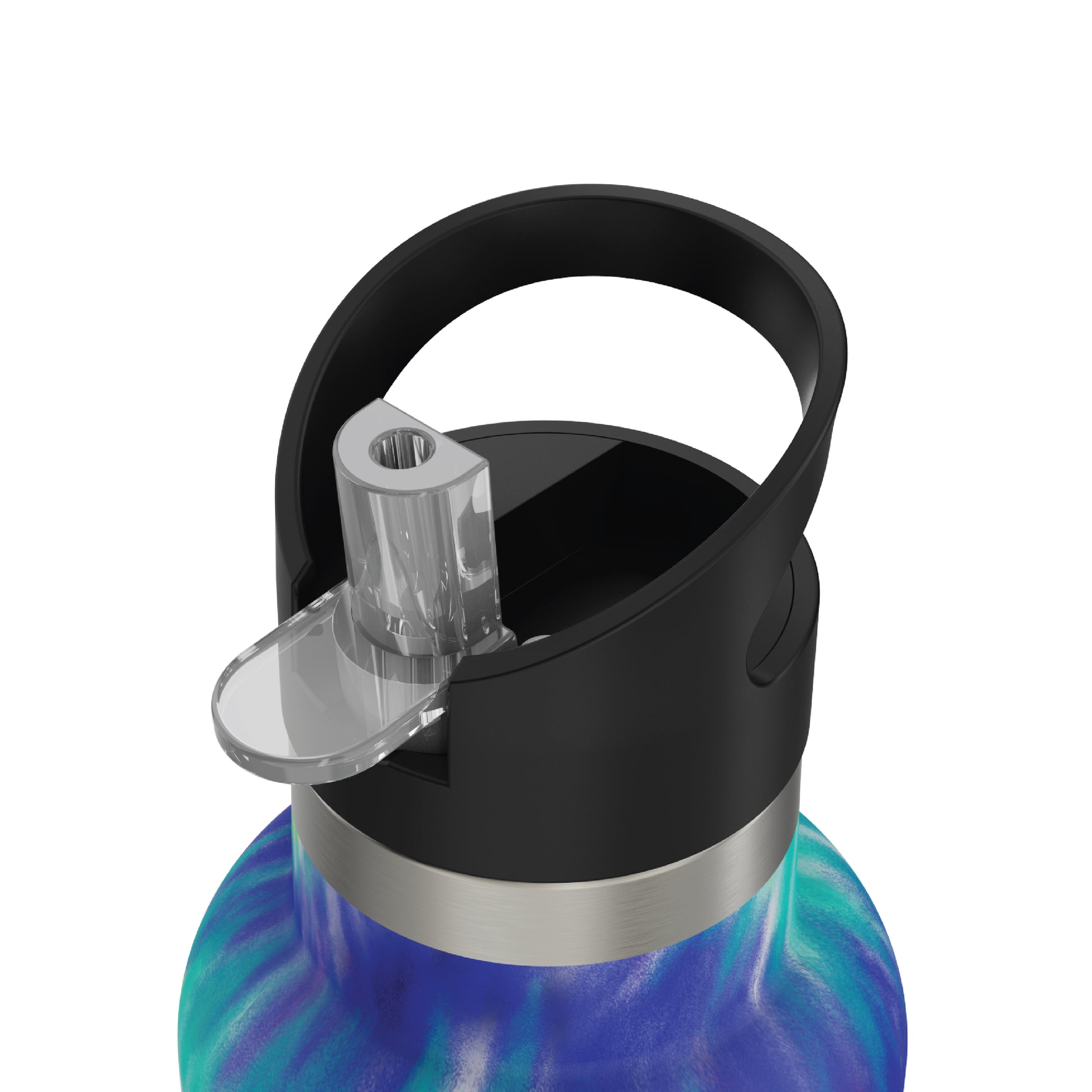 Close-up of the opened straw of the 20oz Stainless Steel Water Bottle with Flip Straw in multicolor tie dye displayed against a white background.