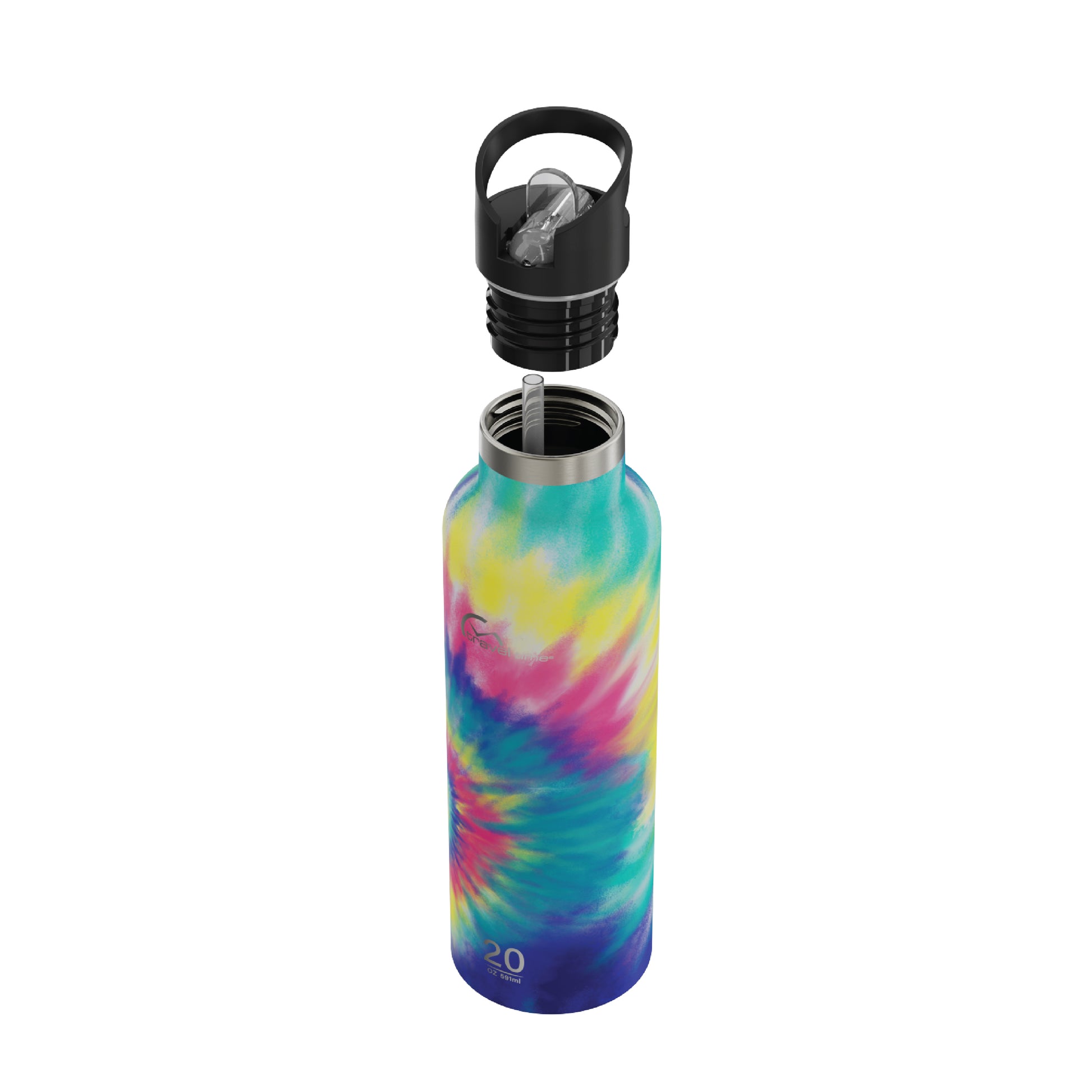 Side view of the 20oz Stainless Steel Water Bottle with Flip Straw in multicolor tie dye displayed at an angle and against a white background. The water bottle's lid has been opened.