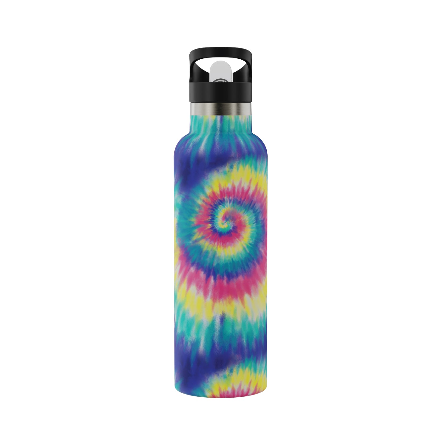 View of the backside of the 20oz Stainless Steel Water Bottle with Flip Straw in multicolor tie dye displayed against a white background.