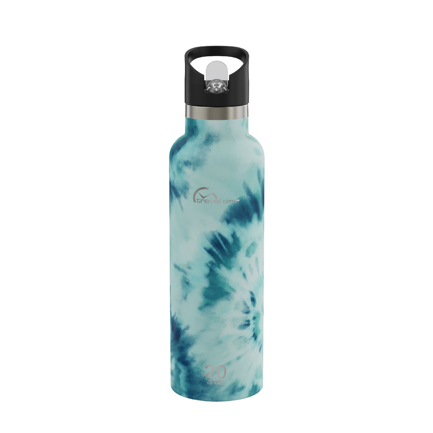 The 20oz Stainless Steel Water Bottle with Flip Straw in blue and white tie dye displayed against a white background.