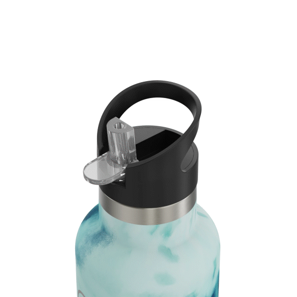 The 20oz Stainless Steel Water Bottle with Flip Straw with its lid opening to showcase how the component twists off. This gif is displayed against a white background.