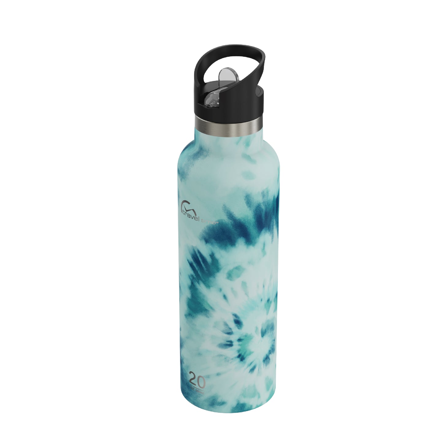 Side view of the 20oz Stainless Steel Water Bottle with Flip Straw in blue and white tie dye displayed at an angle and against a white background.
