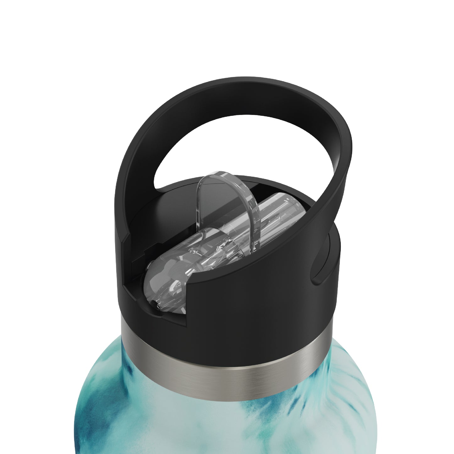 Close-up of the closed straw of the 20oz Stainless Steel Water Bottle with Flip Straw in blue and white tie dye displayed against a white background.