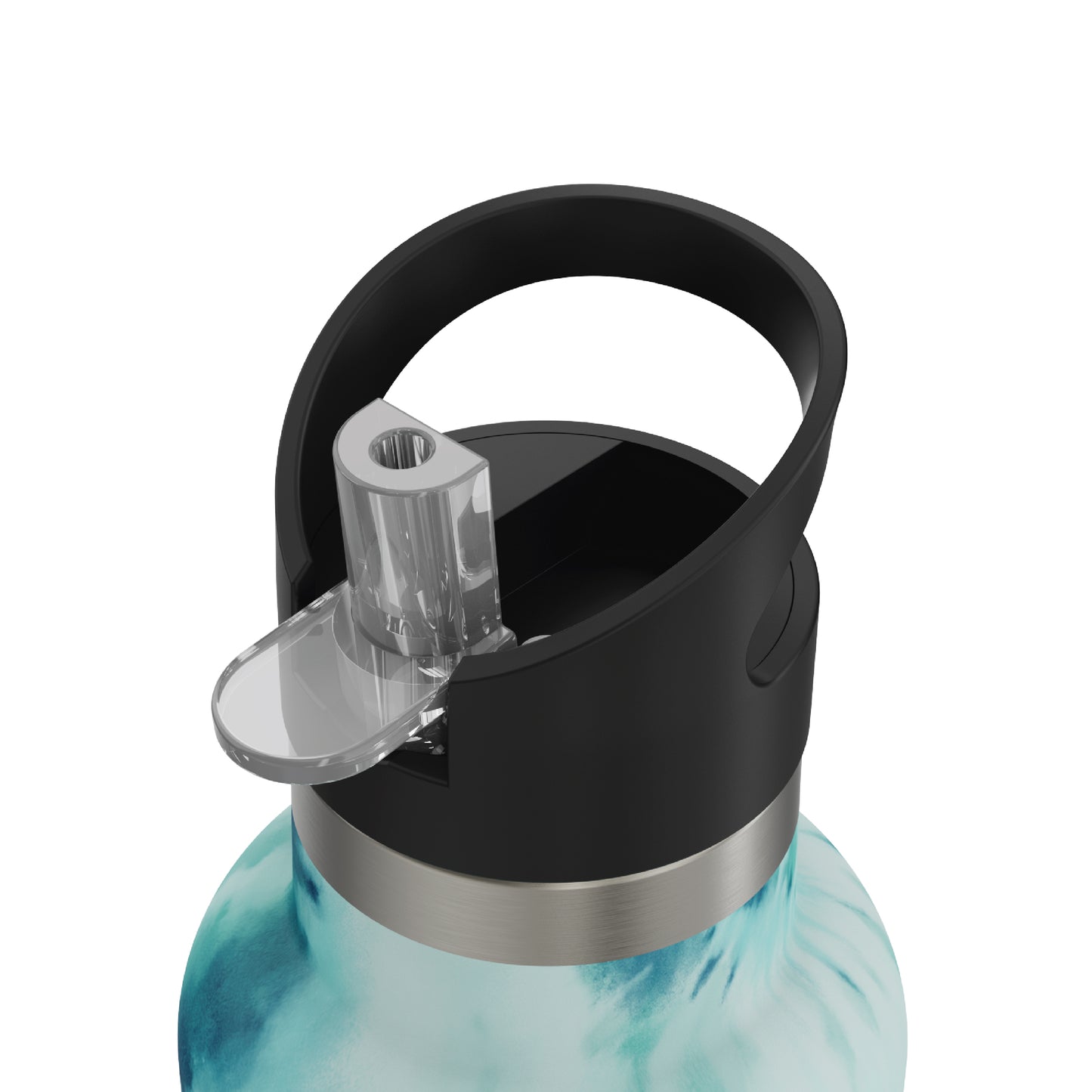 Close-up of the opened straw of the 20oz Stainless Steel Water Bottle with Flip Straw in blue and white tie dye displayed against a white background.
