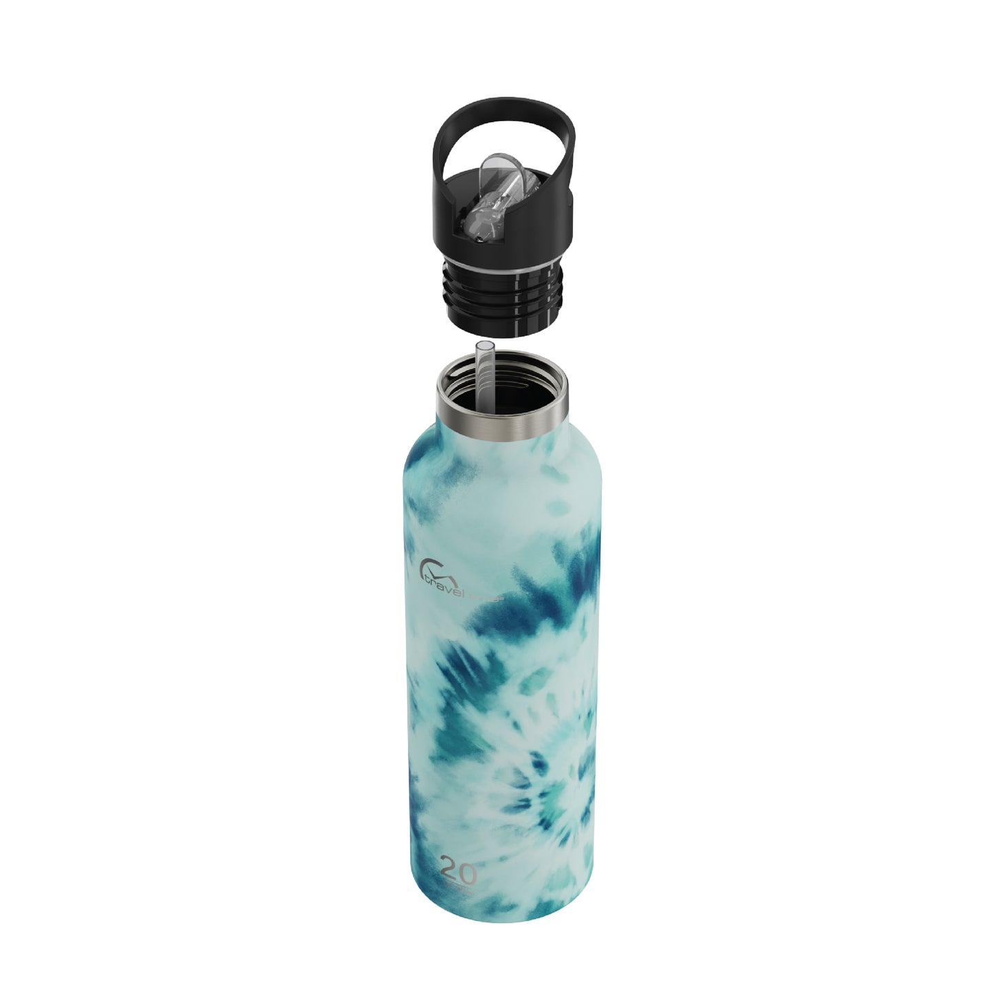 Side view of the 20oz Stainless Steel Water Bottle with Flip Straw in blue and white tie dye displayed at an angle and against a white background. The water bottle's lid has been opened.