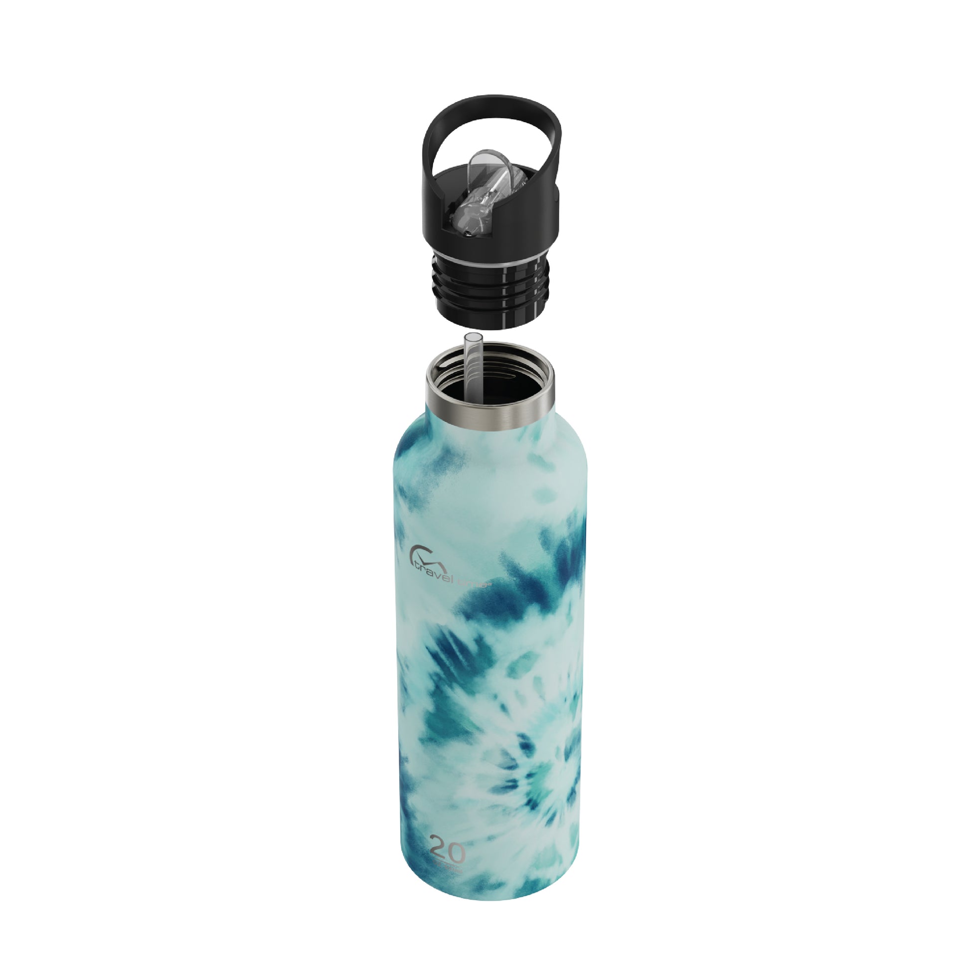 Side view of the 20oz Stainless Steel Water Bottle with Flip Straw in blue and white tie dye displayed at an angle and against a white background. The water bottle's lid has been opened.