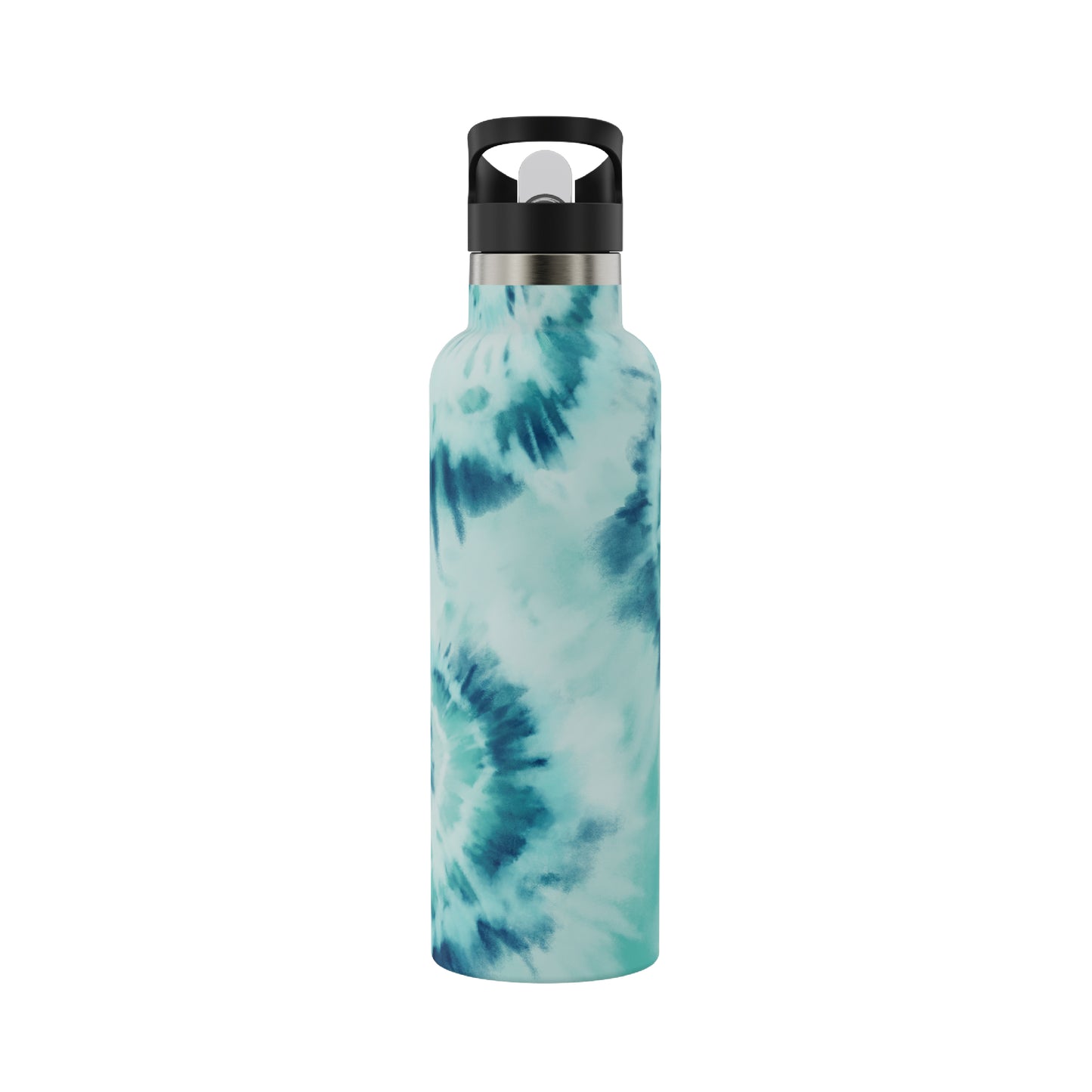 View of the backside of the 20oz Stainless Steel Water Bottle with Flip Straw in blue and white tie dye displayed against a white background.