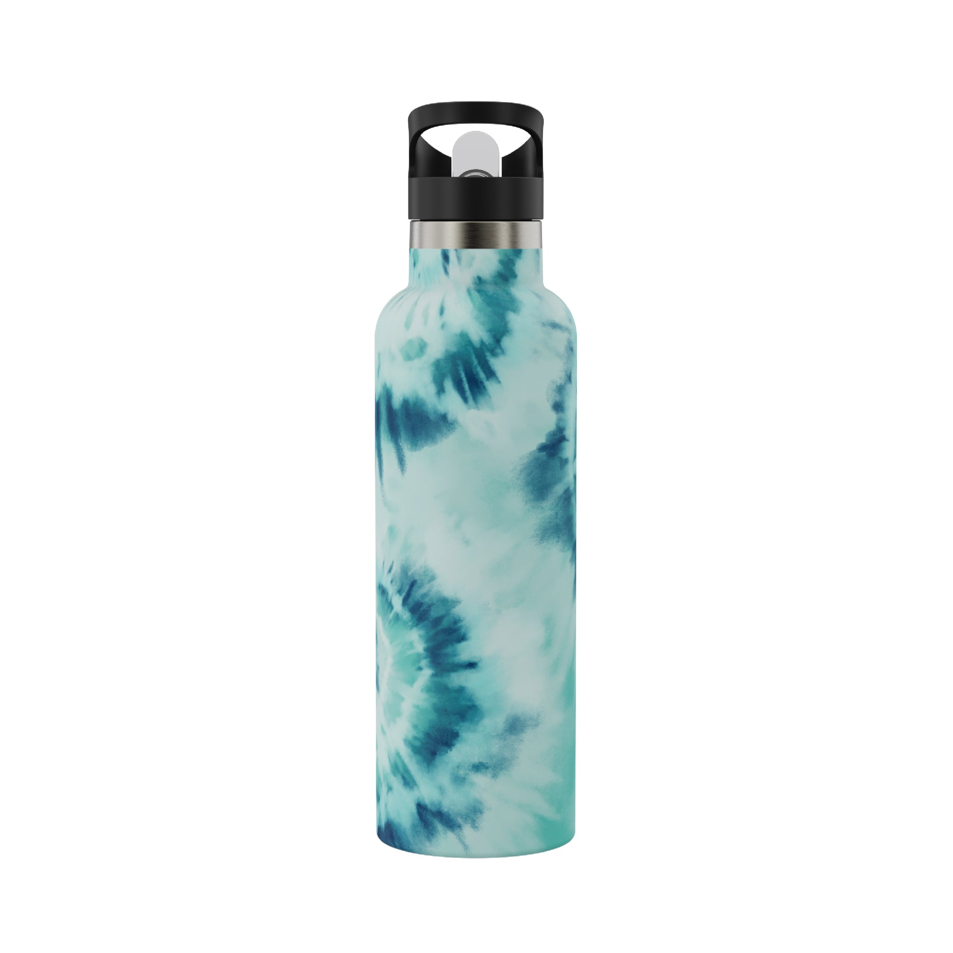 View of the backside of the 20oz Stainless Steel Water Bottle with Flip Straw in blue and white tie dye displayed against a white background.