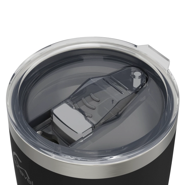 The 20oz Stainless Steel Travel Tumbler with its clear lid opening sliding open, followed by the entire lid lifting off, too showcase how the component can be removed. This gif is displayed against a white background.