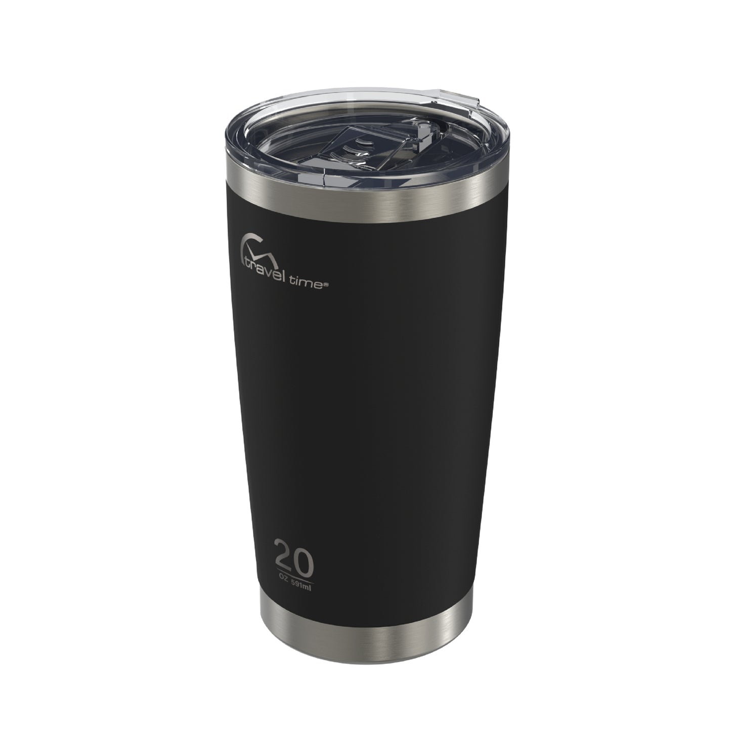 Side view of the 20oz Stainless Steel Travel Tumbler in black displayed at an angle and against a white background.