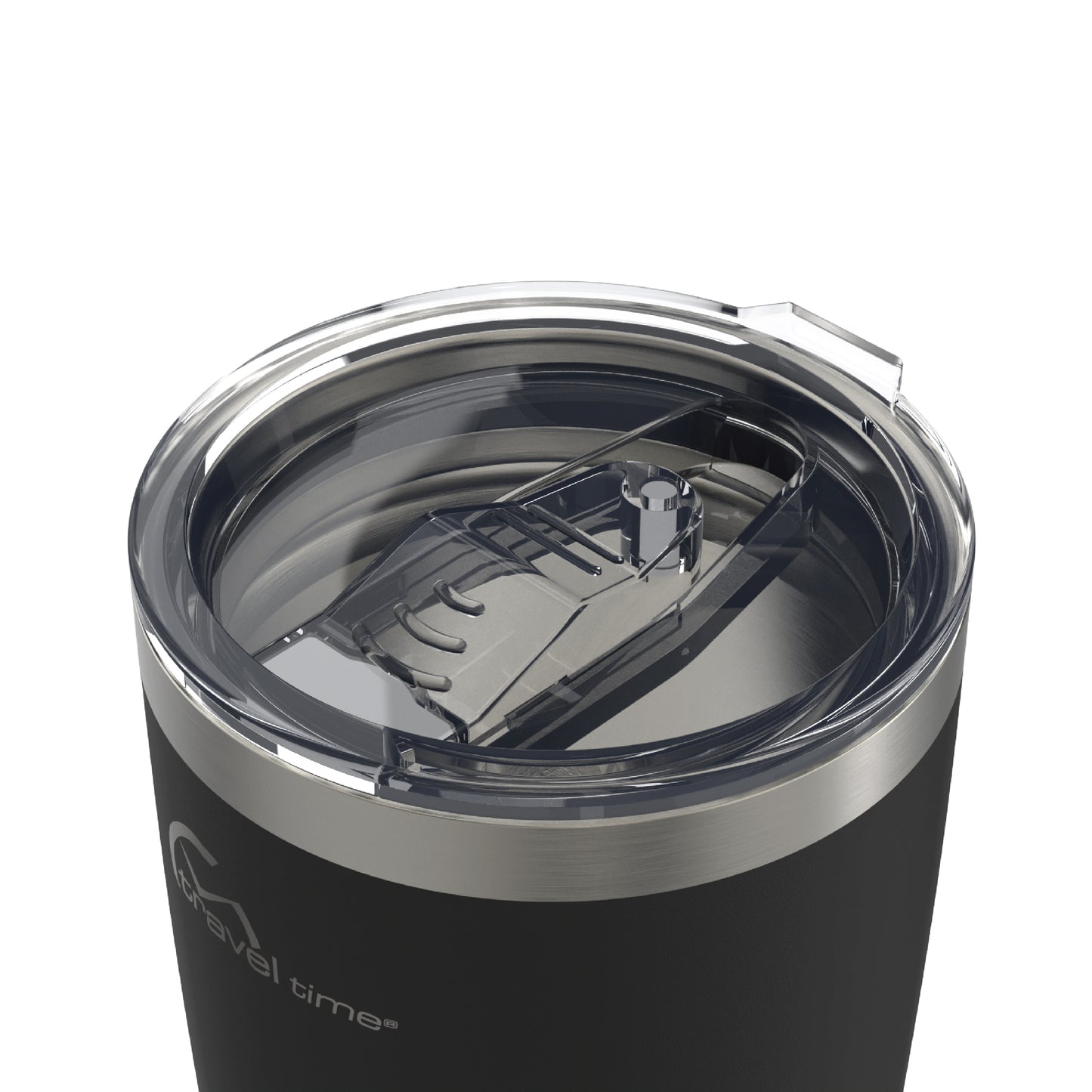 Close-up of the closed lid opening of the 20oz Stainless Steel Travel Tumbler in black displayed against a white background.