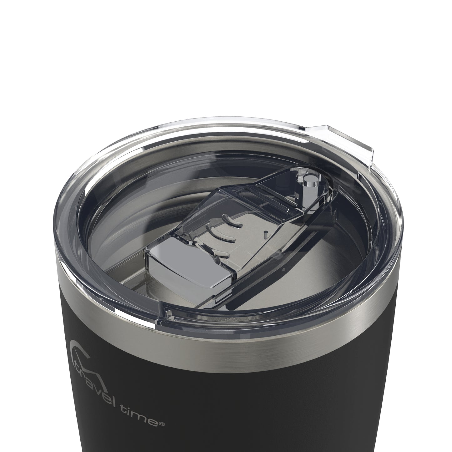 Close-up of the opened lid opening of the 20oz Stainless Steel Travel Tumbler in black displayed against a white background.