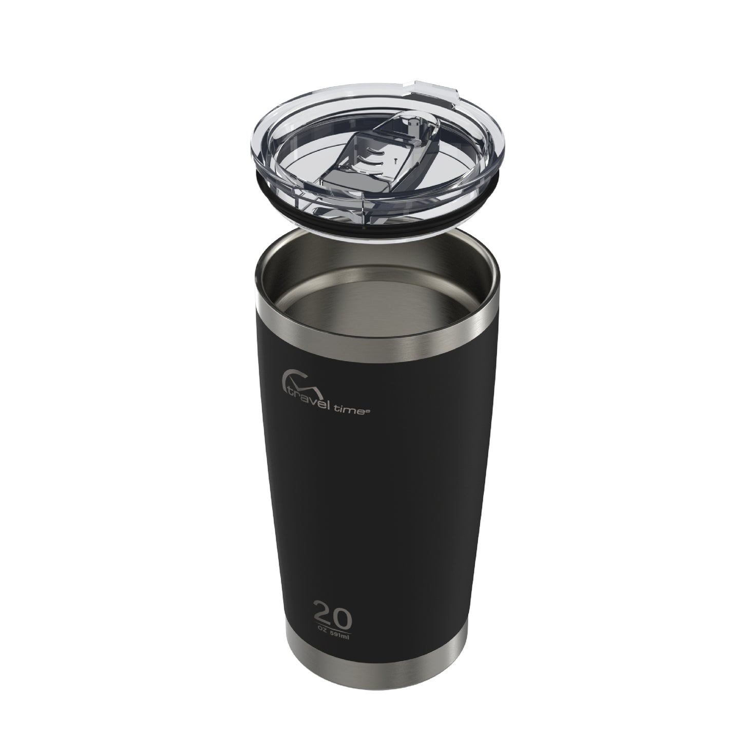 Side view of the 20oz Stainless Steel Travel Tumbler in black displayed at an angle and against a white background. The water bottle's lid has been lifted off.