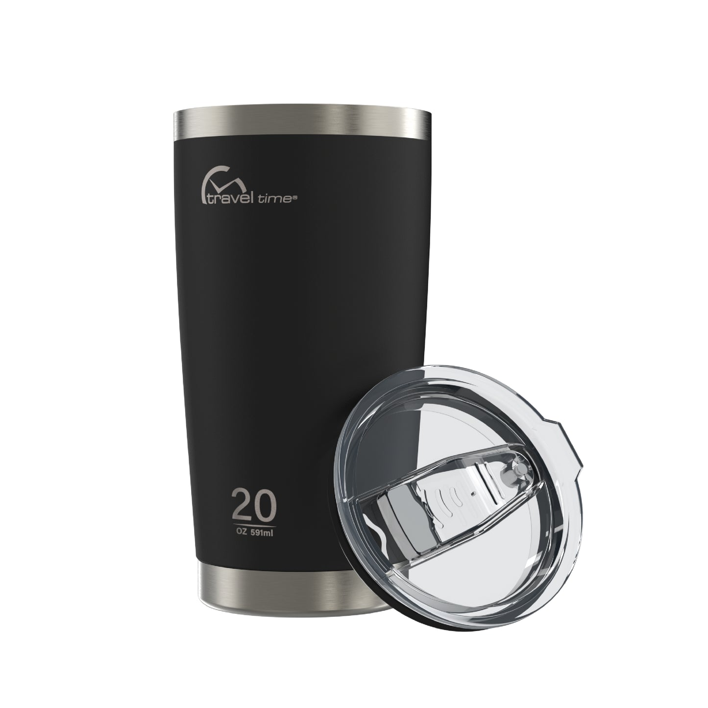 Side view of the 20oz Stainless Steel Travel Tumbler in black displayed at an angle and against a white background. The tumbler's lid is resting against the tumbler's side at an angle.