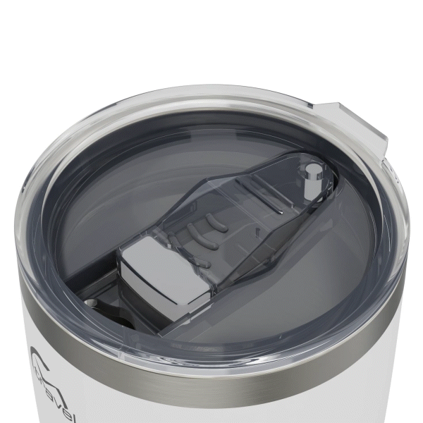 The 20oz Stainless Steel Travel Tumbler with its clear lid opening sliding open, followed by the entire lid lifting off, too showcase how the component can be removed. This gif is displayed against a white background.