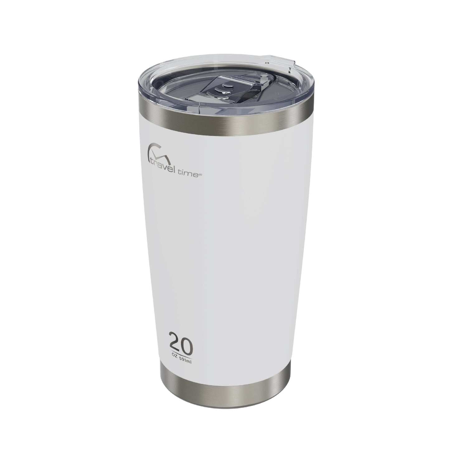 Side view of the 20oz Stainless Steel Travel Tumbler in white displayed at an angle and against a white background.
