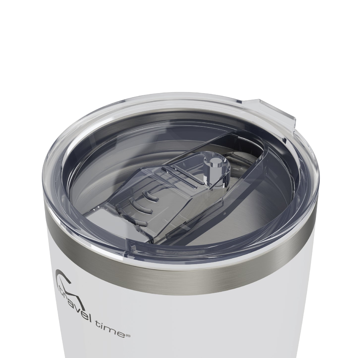 Close-up of the closed lid opening of the 20oz Stainless Steel Travel Tumbler in white displayed against a white background.