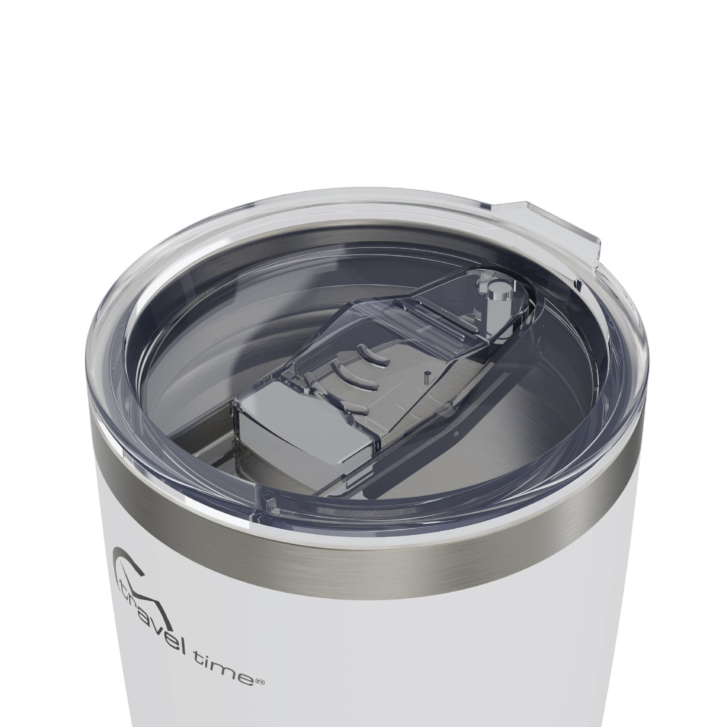 Close-up of the opened lid opening of the 20oz Stainless Steel Travel Tumbler in white displayed against a white background.