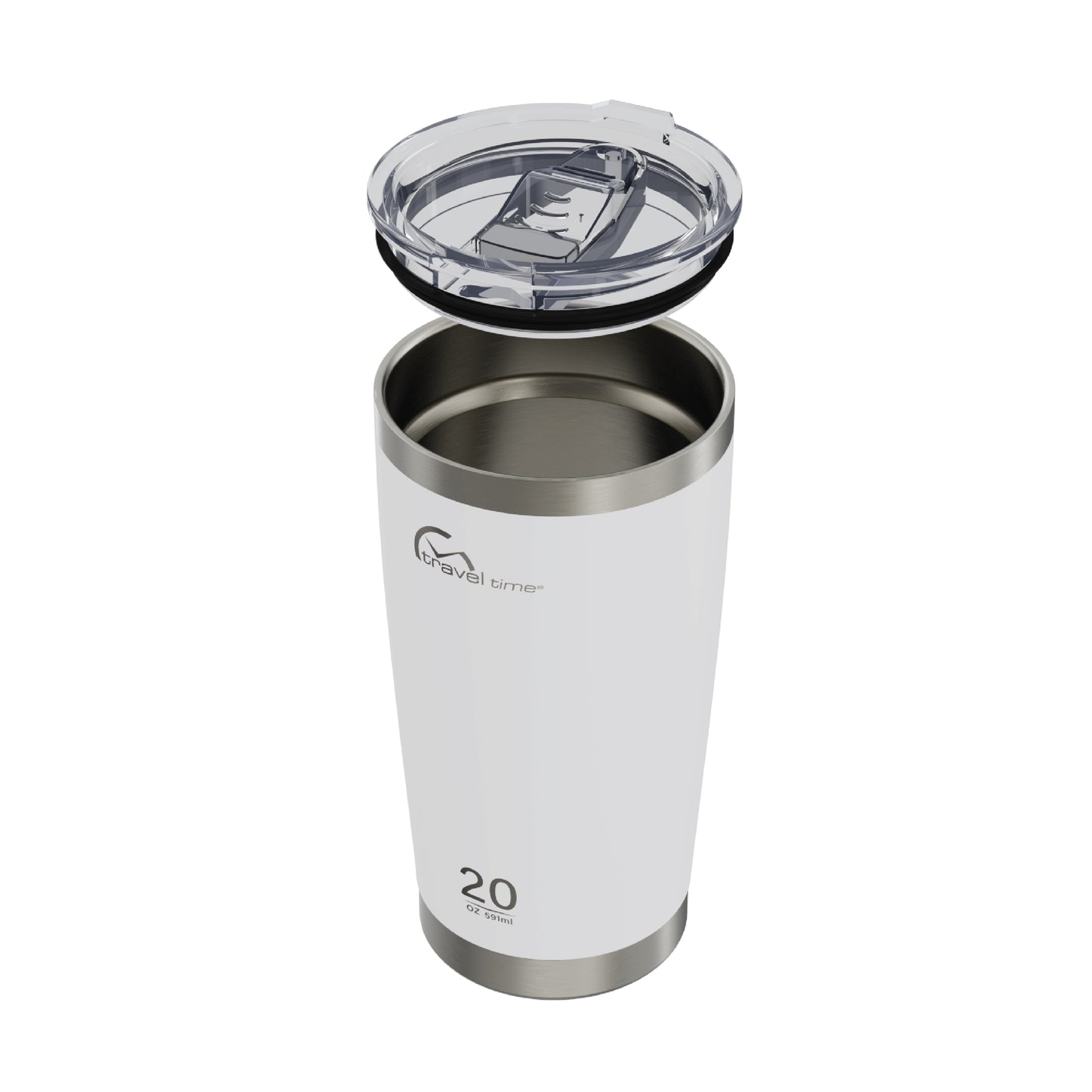 Side view of the 20oz Stainless Steel Travel Tumbler in white displayed at an angle and against a white background. The water bottle's lid has been lifted off.