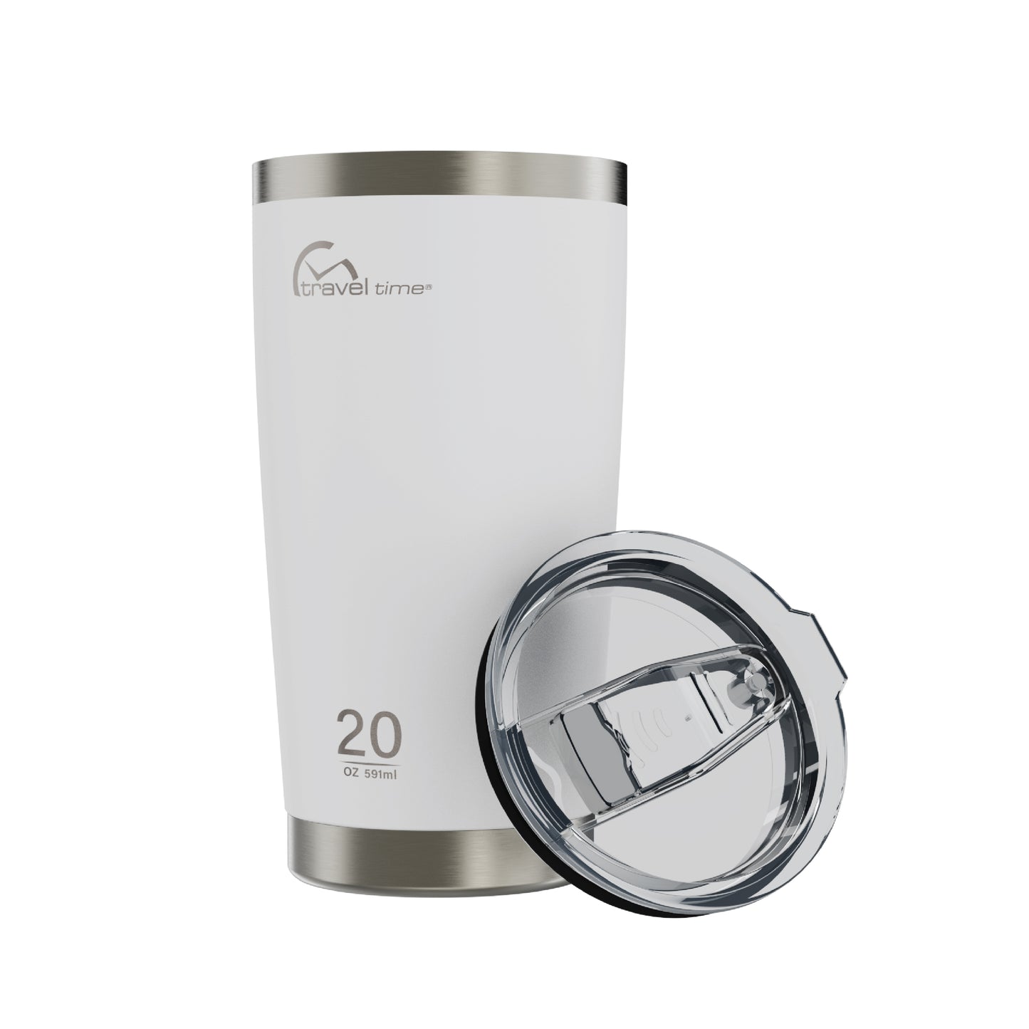 Side view of the 20oz Stainless Steel Travel Tumbler in white displayed at an angle and against a white background. The tumbler's lid is resting against the tumbler's side at an angle.