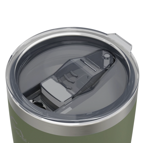 The 20oz Stainless Steel Travel Tumbler with its clear lid opening sliding open, followed by the entire lid lifting off, too showcase how the component can be removed. This gif is displayed against a white background.