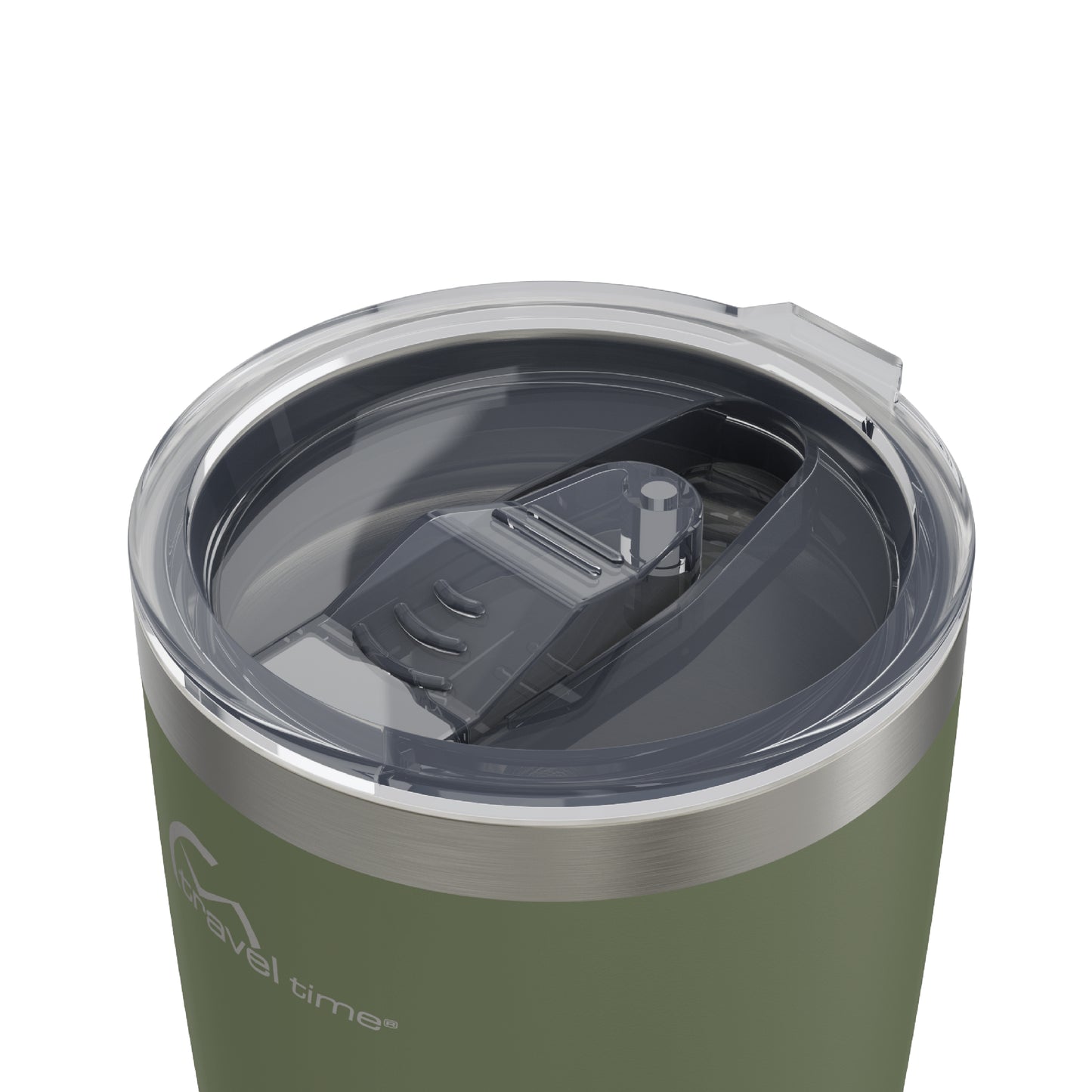Close-up of the closed lid opening of the 20oz Stainless Steel Travel Tumbler in forest green displayed against a white background.