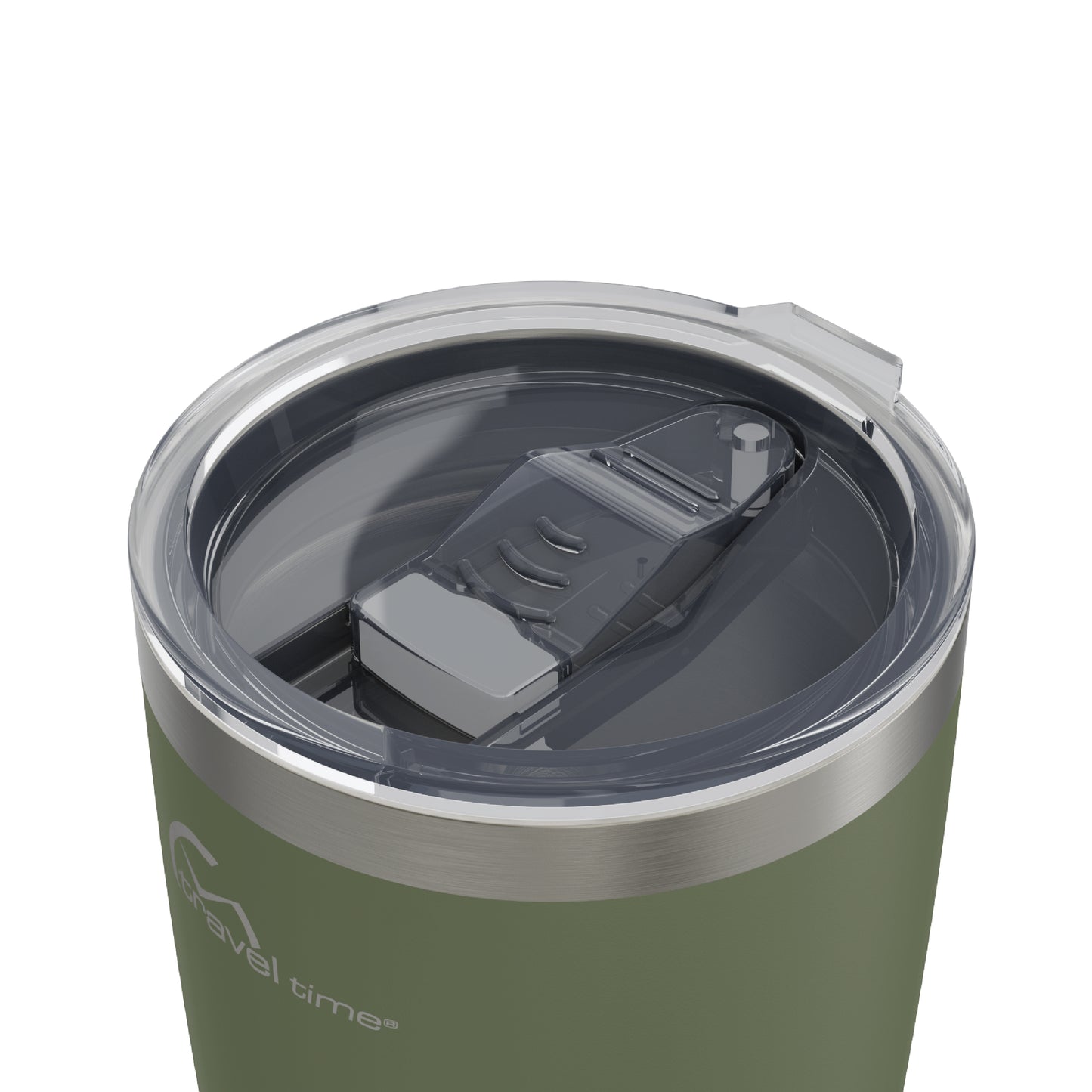 Close-up of the opened lid opening of the 20oz Stainless Steel Travel Tumbler in forest green displayed against a white background.