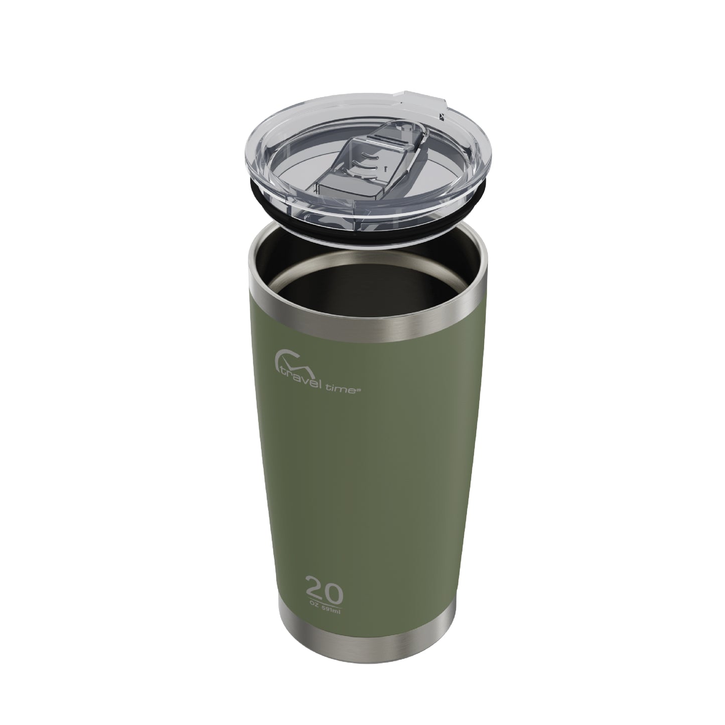 Side view of the 20oz Stainless Steel Travel Tumbler in forest green displayed at an angle and against a white background. The water bottle's lid has been lifted off.