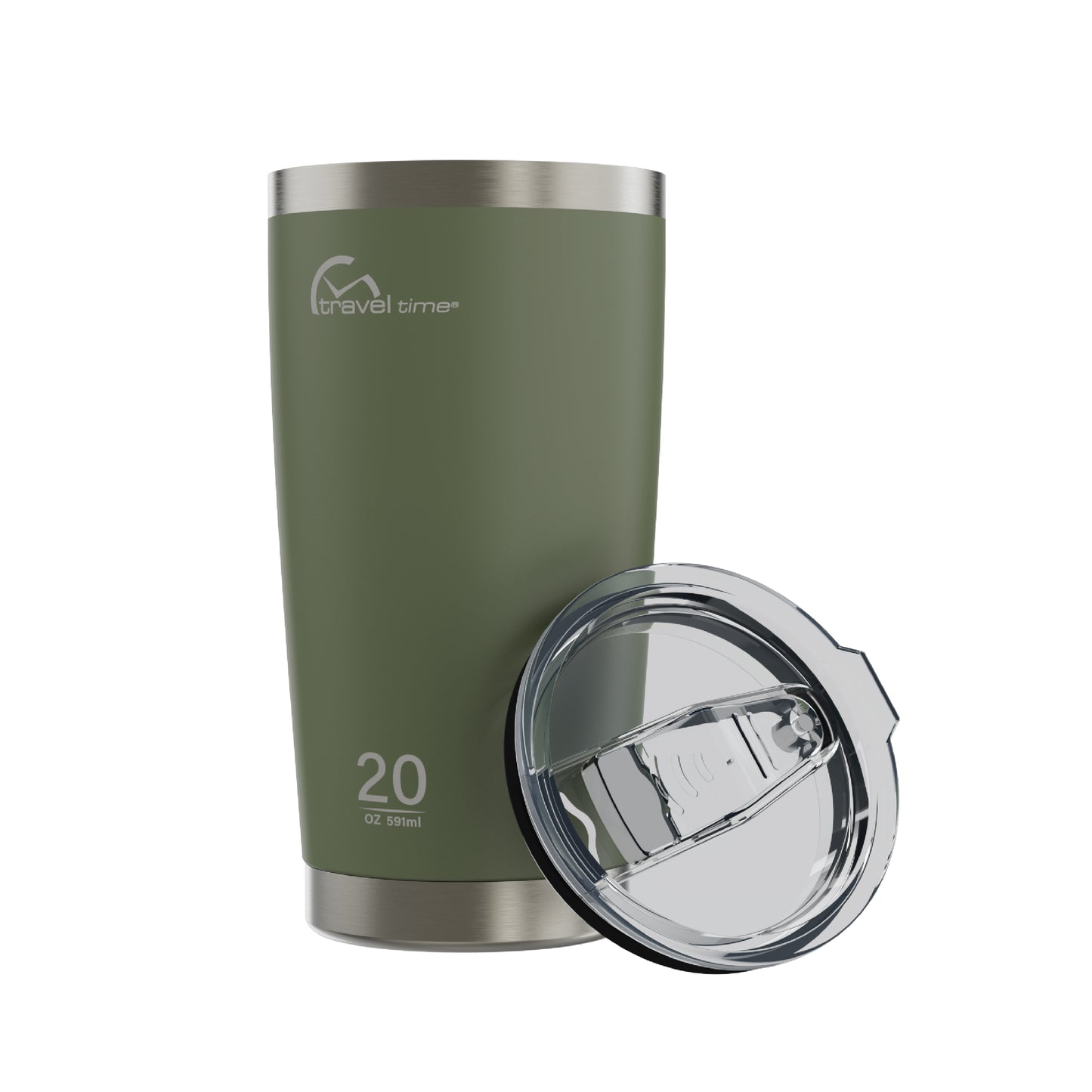 Side view of the 20oz Stainless Steel Travel Tumbler in forest green displayed at an angle and against a white background. The tumbler's lid is resting against the tumbler's side at an angle.