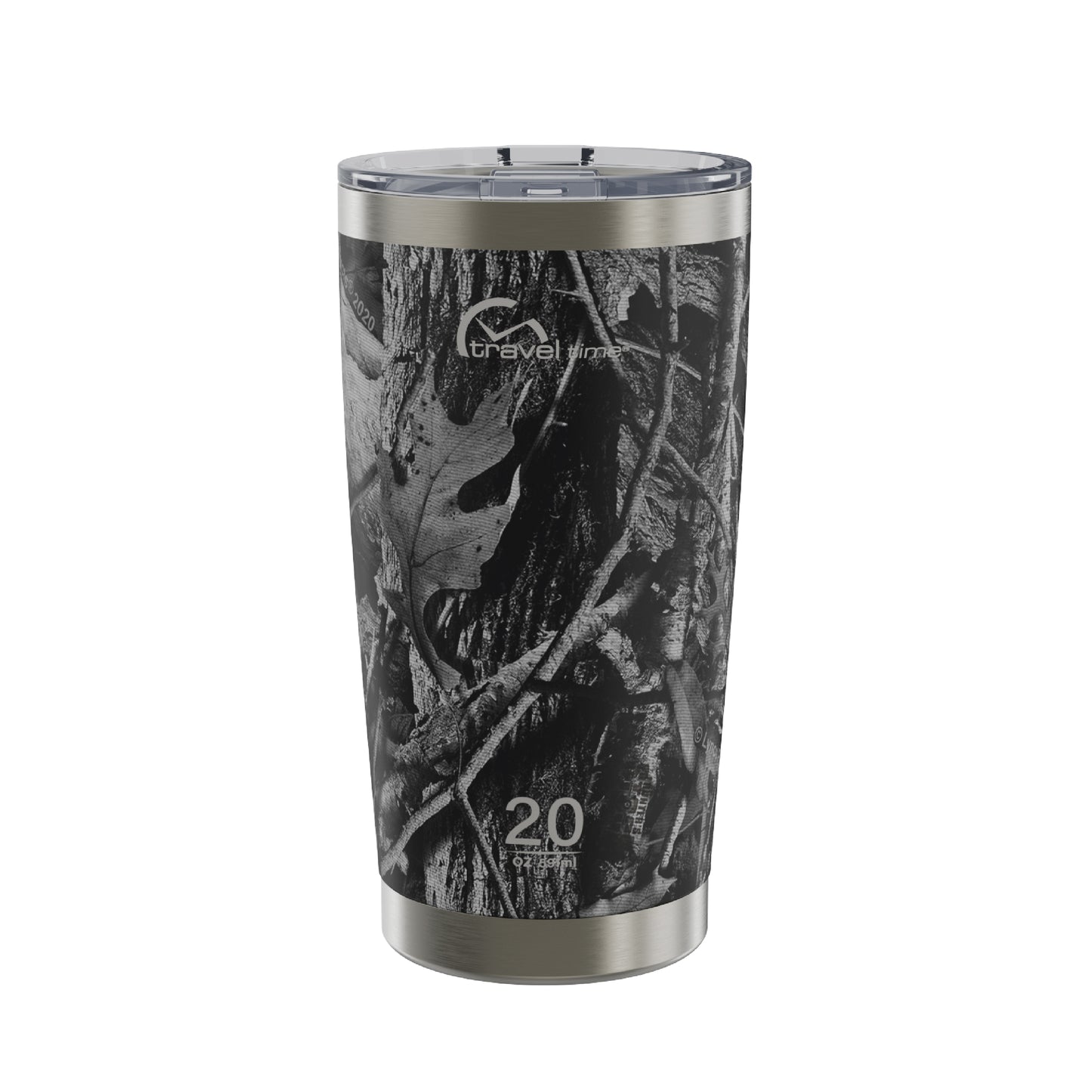 The 20oz Stainless Steel Travel Tumbler in Hunter's Stock Moonshot® Camo displayed against a white background.