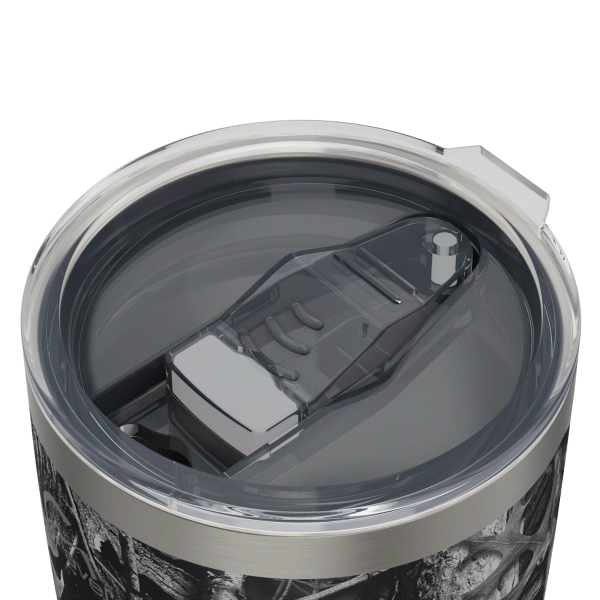 The 20oz Stainless Steel Travel Tumbler with its clear lid opening sliding open, followed by the entire lid lifting off, too showcase how the component can be removed. This gif is displayed against a white background.